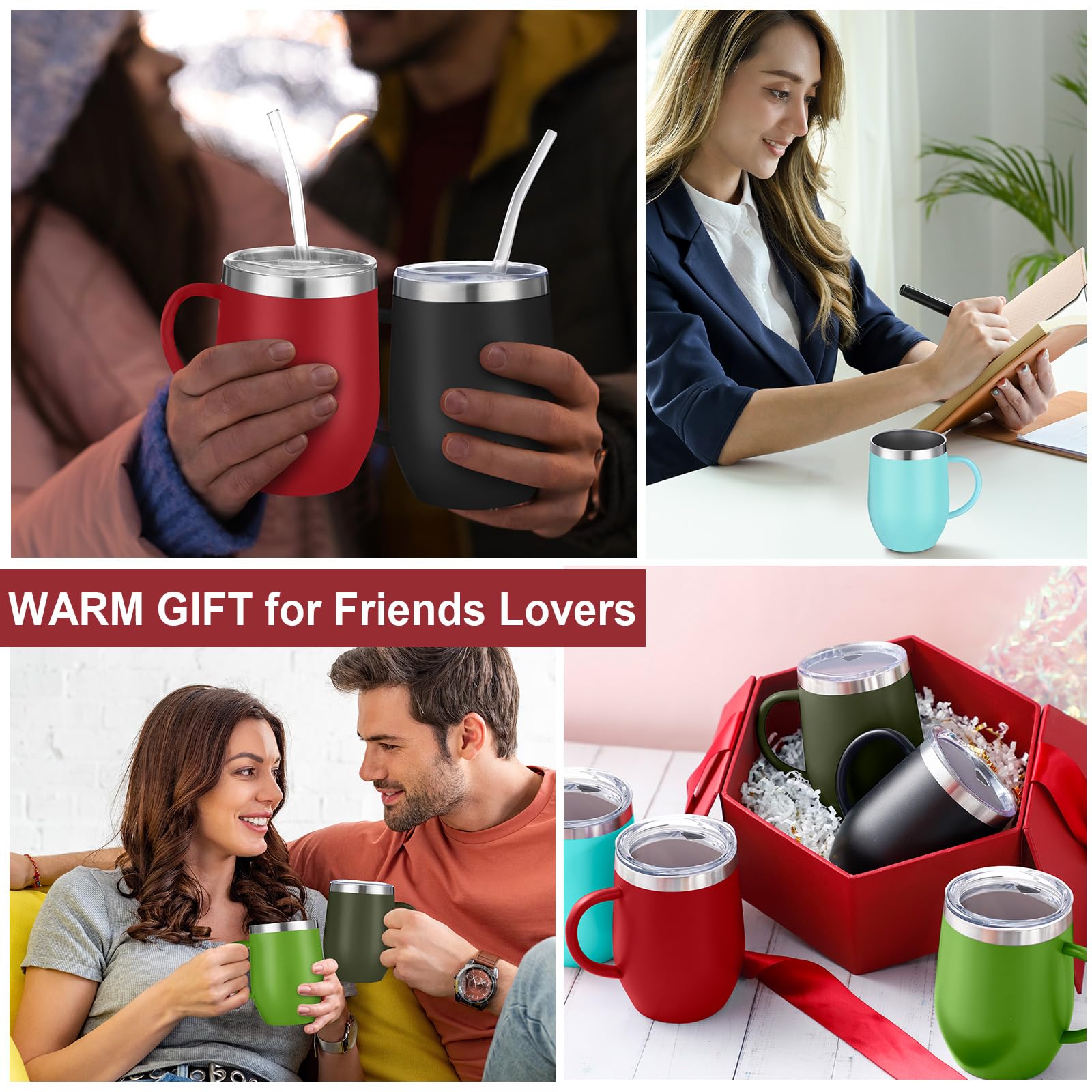 Suclain 6 tazas de café aisladas de 12 onzas con asa, de acero inoxidable, taza de café aislada a granel, taza de viaje de doble pared al vacío con tapa deslizante, taza térmica de viaje (colorido)