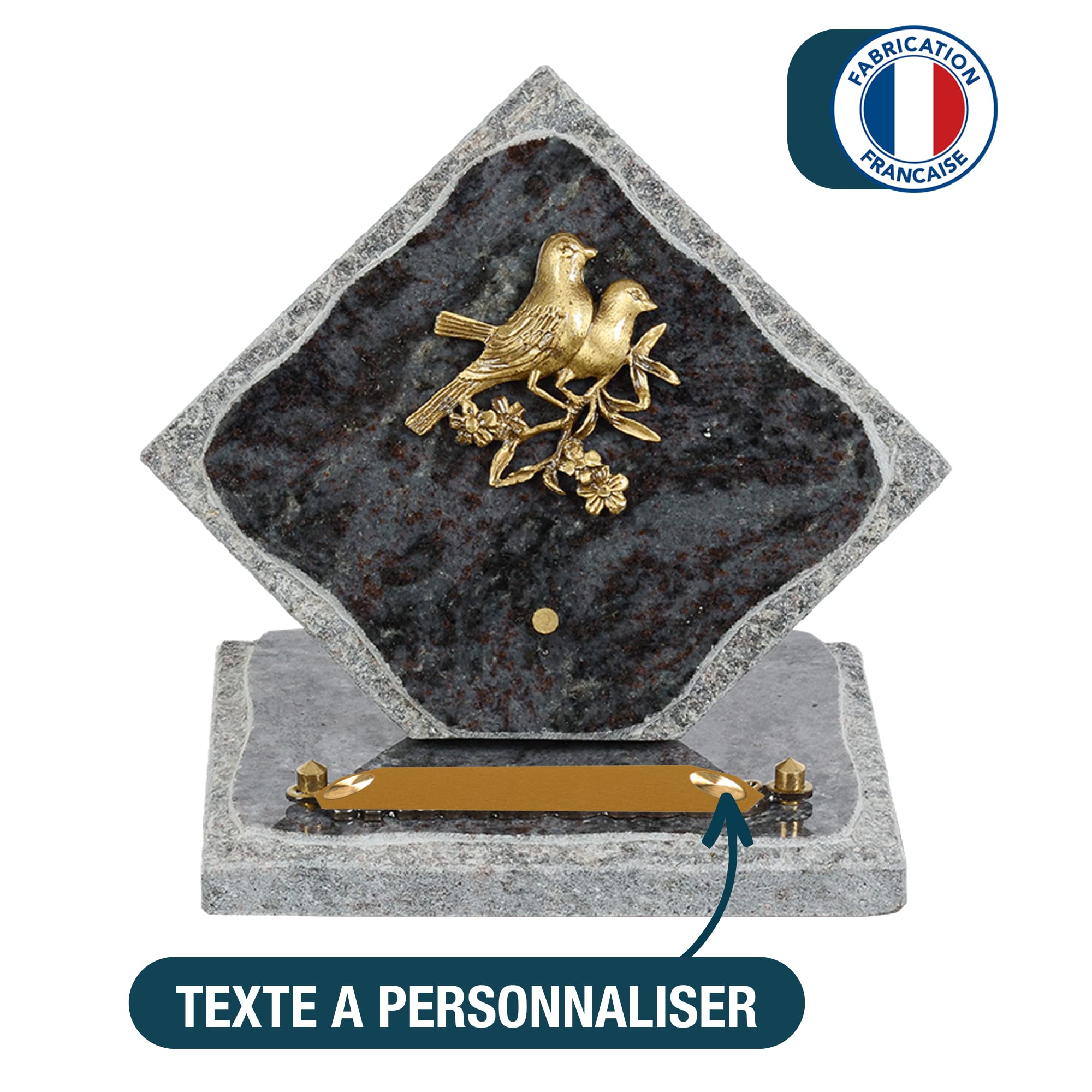 Plaque funéraire personnalisée losange - Granit - assemblée en France - bronze oiseaux - H 15 X L 15 cm - 1 texte
