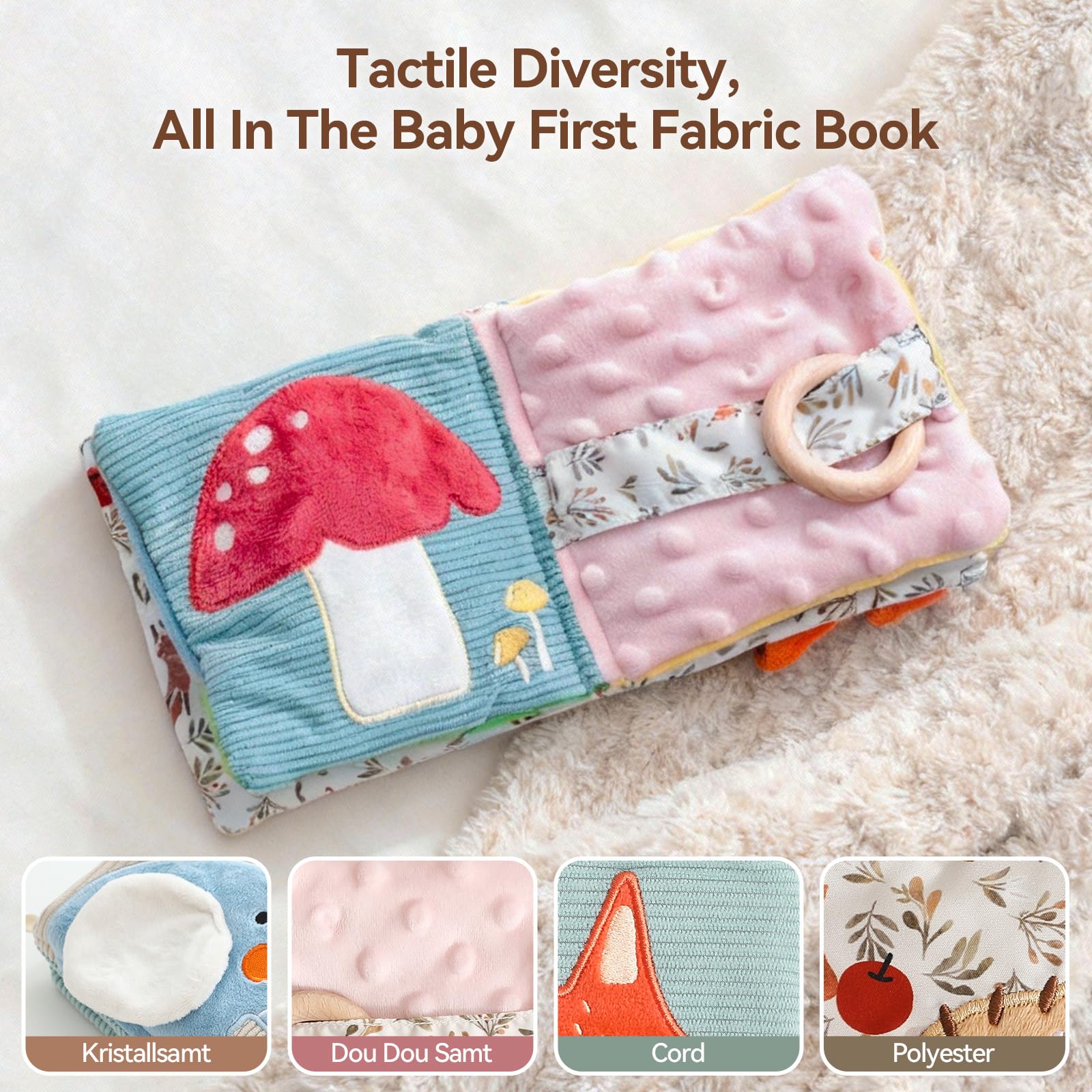 WOODEN TEETHER Livre de bébé en tissu avec miroir, jouet pour bébé de 0 à 6 mois - Livre sensoriel interactif - Livre d'or crépitant pour bébé - Cadeaux pour nouveau-né - Éléphants