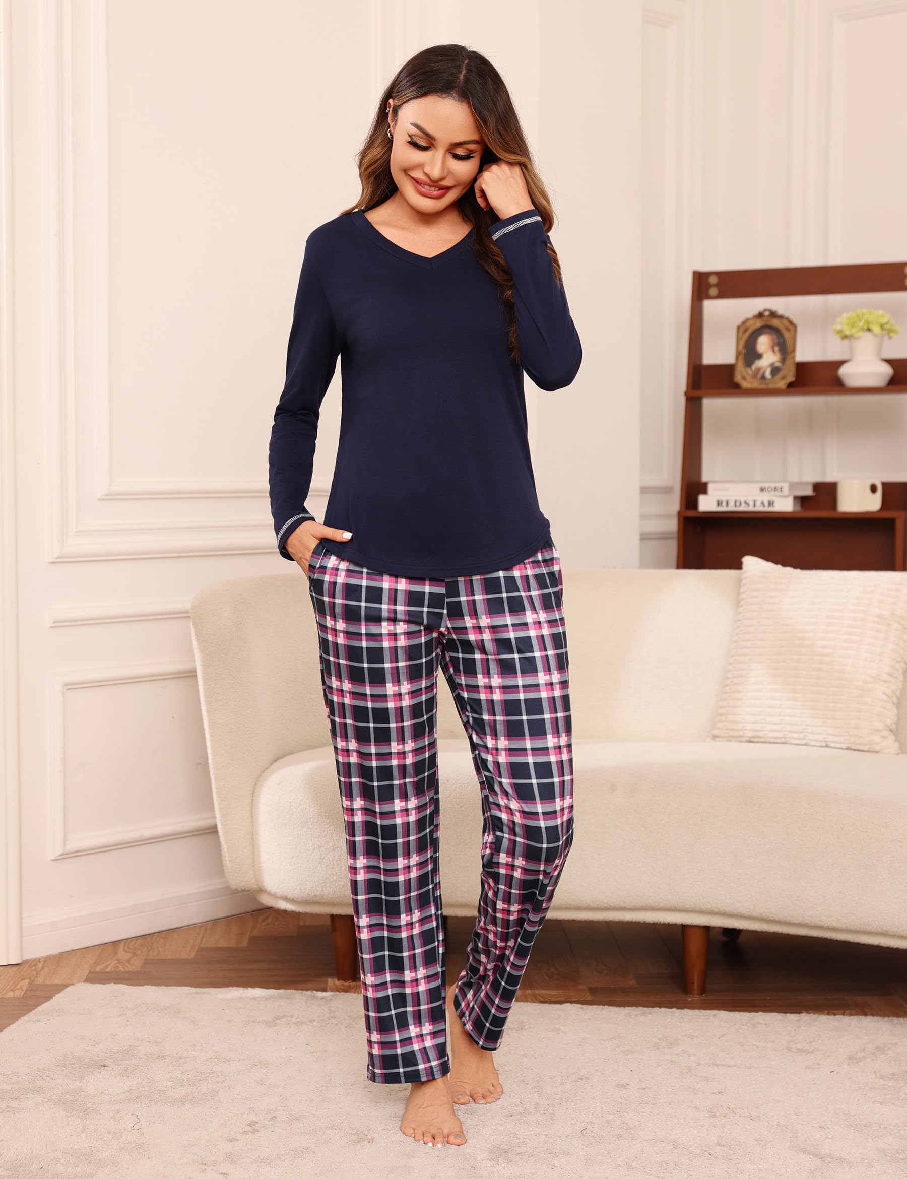 Litherday Pigiama Donna Invernale in Cotone Due Pezzi con Maglia a Manica Lunga e Pantaloni a Quadri Scollo a V Comodo per Casa Autunno Inverno S-XXL