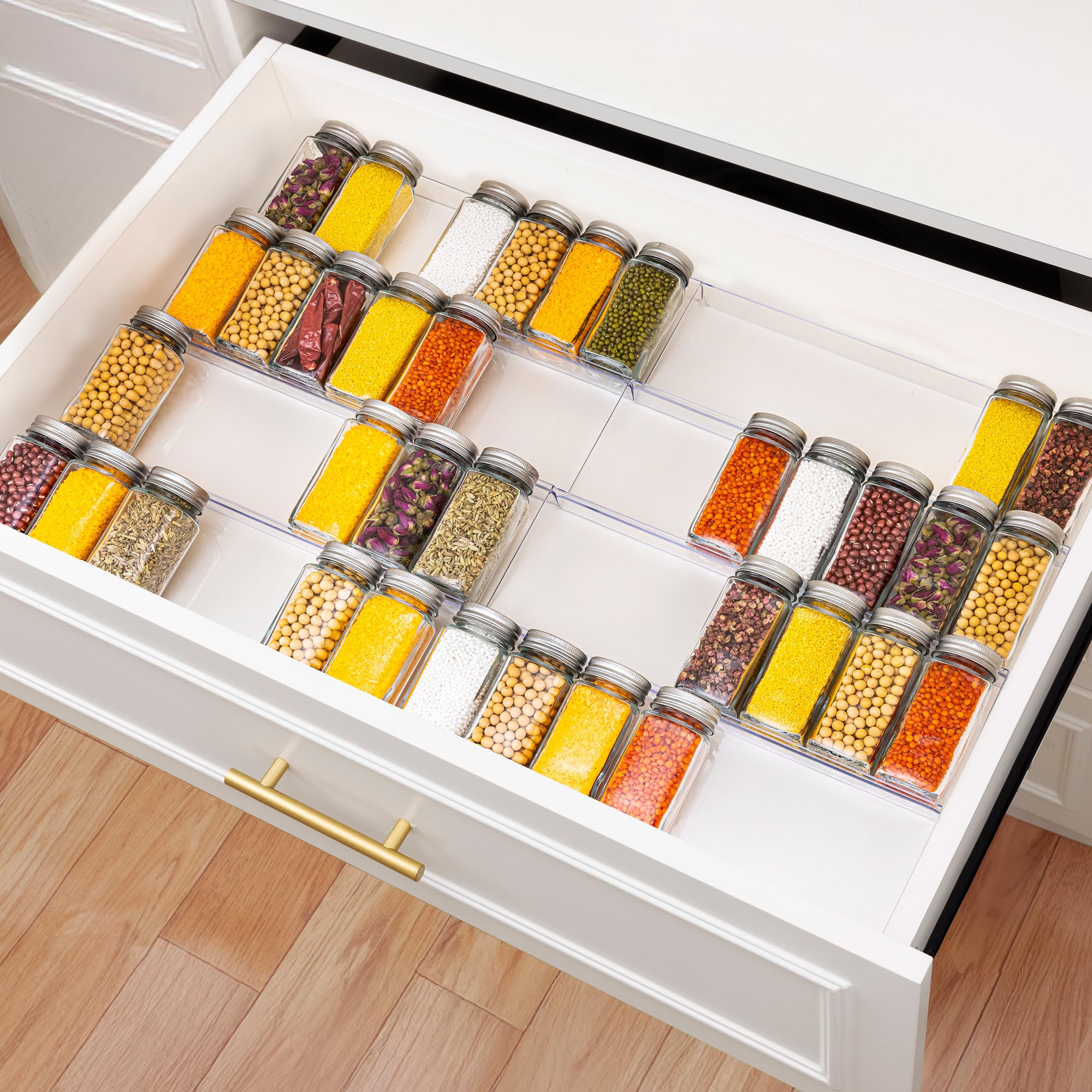 Imncya 8 Pack Clear Spice Drawer Organizer, 4-Tier Expandable Acrylic Spice Rack (13"-26"), Kitchen Seasoning Storage Racks for Drawer and Countertop (Jars Not Included)
