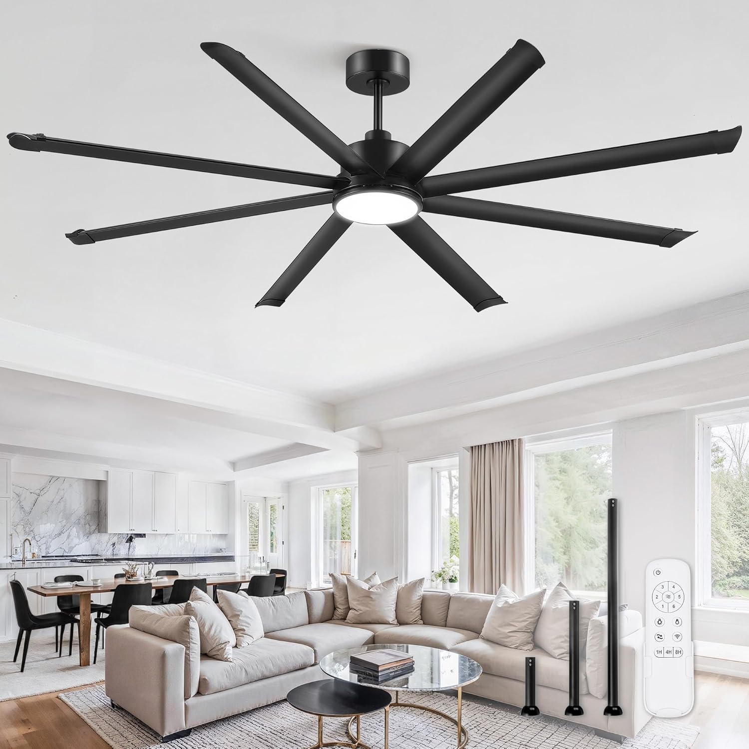 ZMISHIBO 84 Inch Ceiling Fans with Lights, Indoor/Outdoor Industrial Ceiling Fan with 8 Aluminum Reversible Blade, Quiet DC Motor, 3CCT&6-Speed Remote Control, Damp Rated for Living Room/Garage/Gazebo Black 84 inch