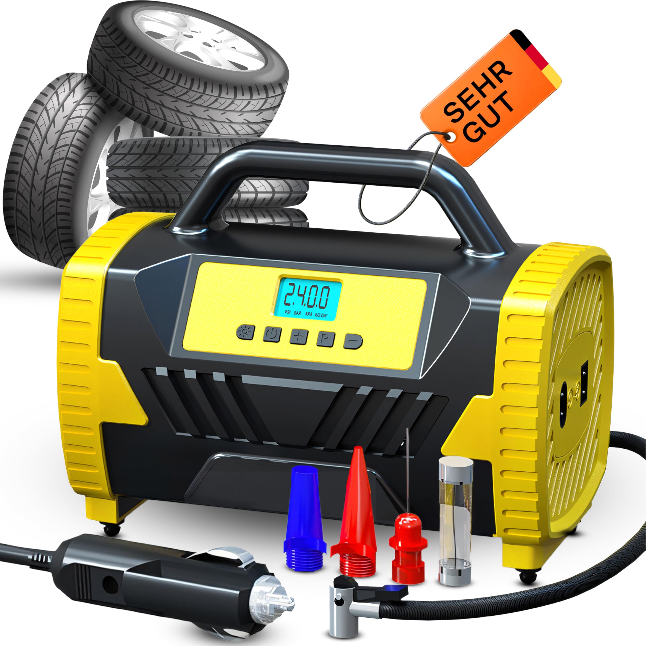 Retoo Przenośna sprężarka elektryczna 120 W – 150 psi, bezolejowa, mini pompka powietrza 12 V 110/230 V ze światłem LED, start/stop i cyfrowym wyświetlaczem – pompka do opon do samochodu, motocykla