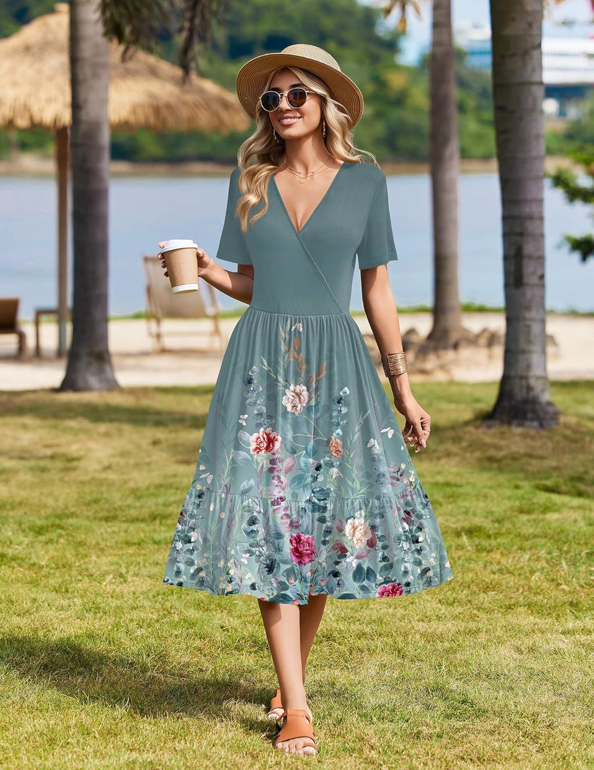 Zeagoo Womens Summer Warp V-Neck Casual Dresses Short Sleeve Midi Floral Dress with Pockets Tiered Flowy A Line Sundress - Image 3