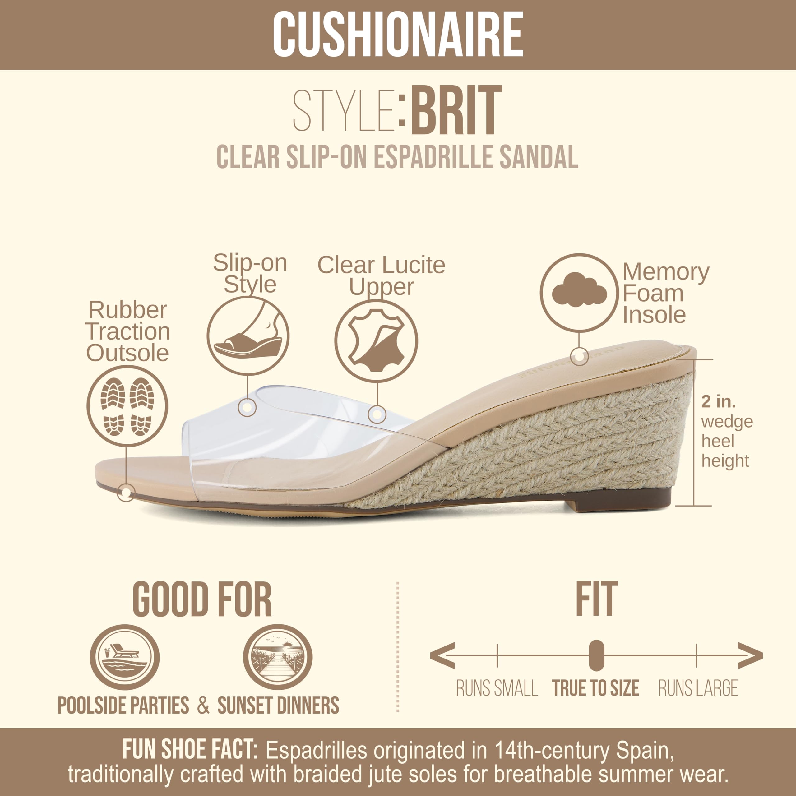 CUSHIONAIRE Brit Dress Wedge Sandals for Women, Clear Slip-On Espadrille Heels with Soft Memory Foam Comfort — view 4