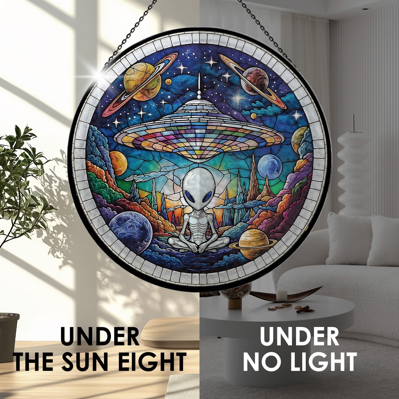 Alien Spaceship Stained Glass Window Hanging, 7.9" UFO Sun Catcher Glass Panel Boho Wall Art Decor, Hand Painted Round Ornament for Friends, Art Lover, Astronomer