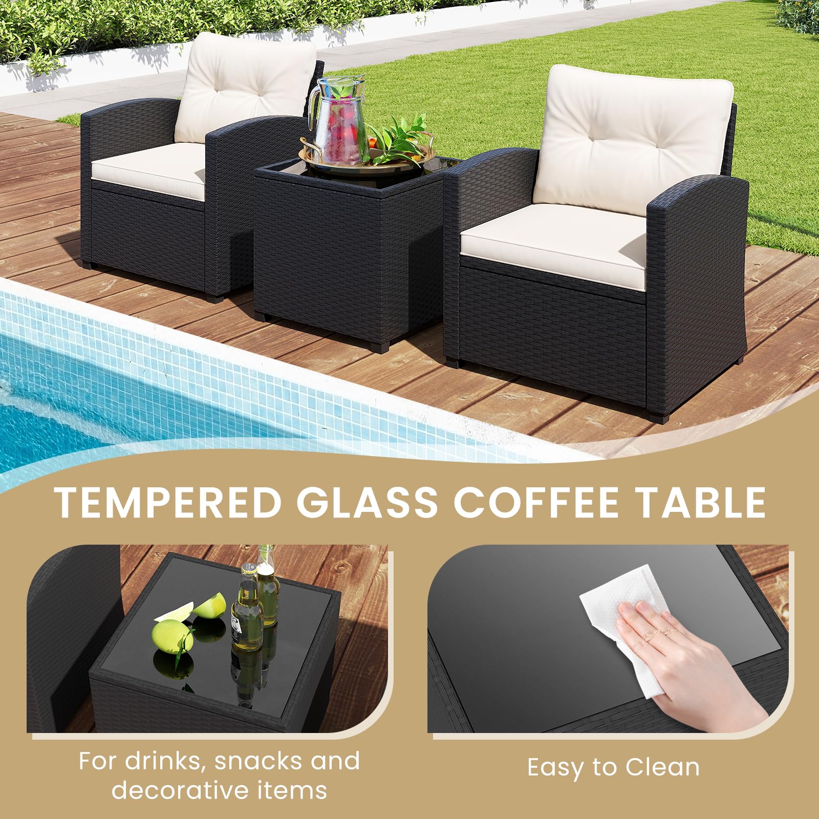 GIANTEX Set da Mobili da 3 Pezzi, Sedie da Giardino con Tavolino da Caffè con Piano in Vetro Temperato, Cuscini per Schienale e Sedile, Set Bistro in Rattan PE per Portico (Bianco)
