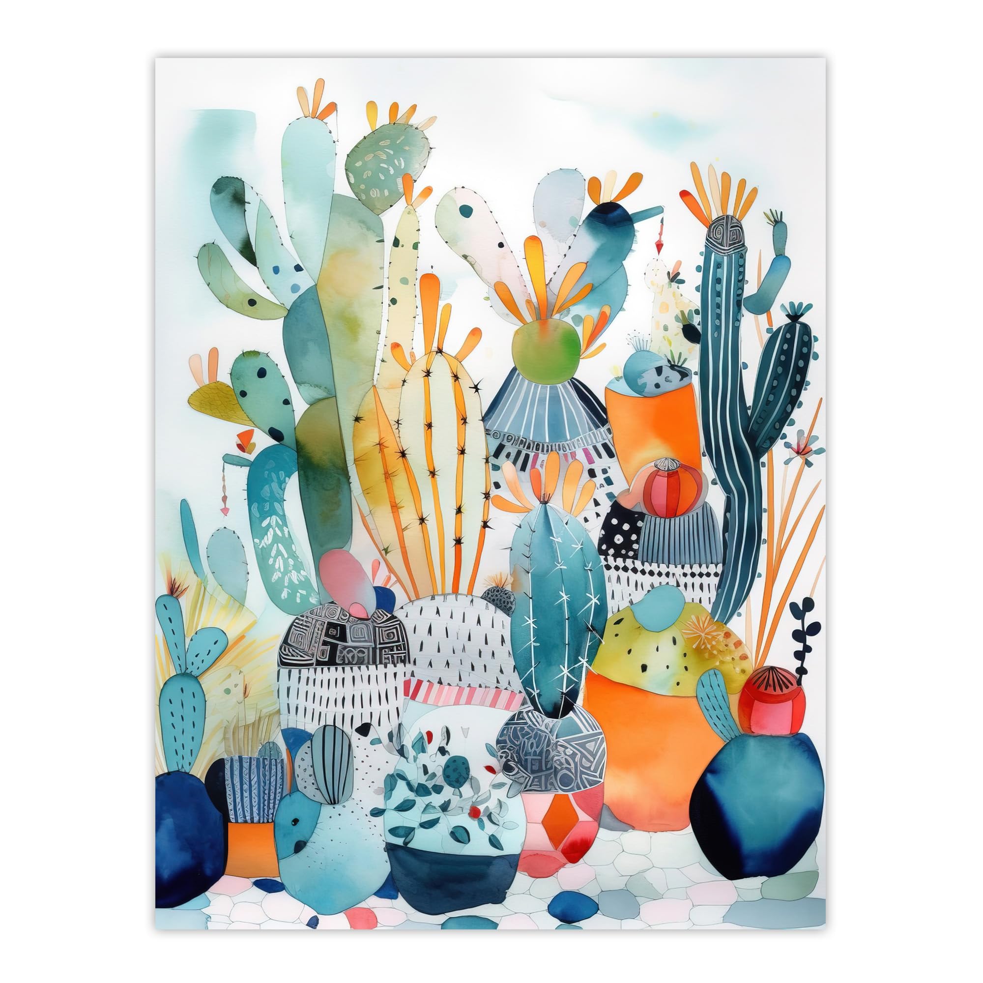 Wee Blue Coo Abstract Cacti Garden Watercolour Artwork Cactus Plant Pots Colourful Folk Art Large Wall Art Poster Print Thick Paper 18X24 Inch