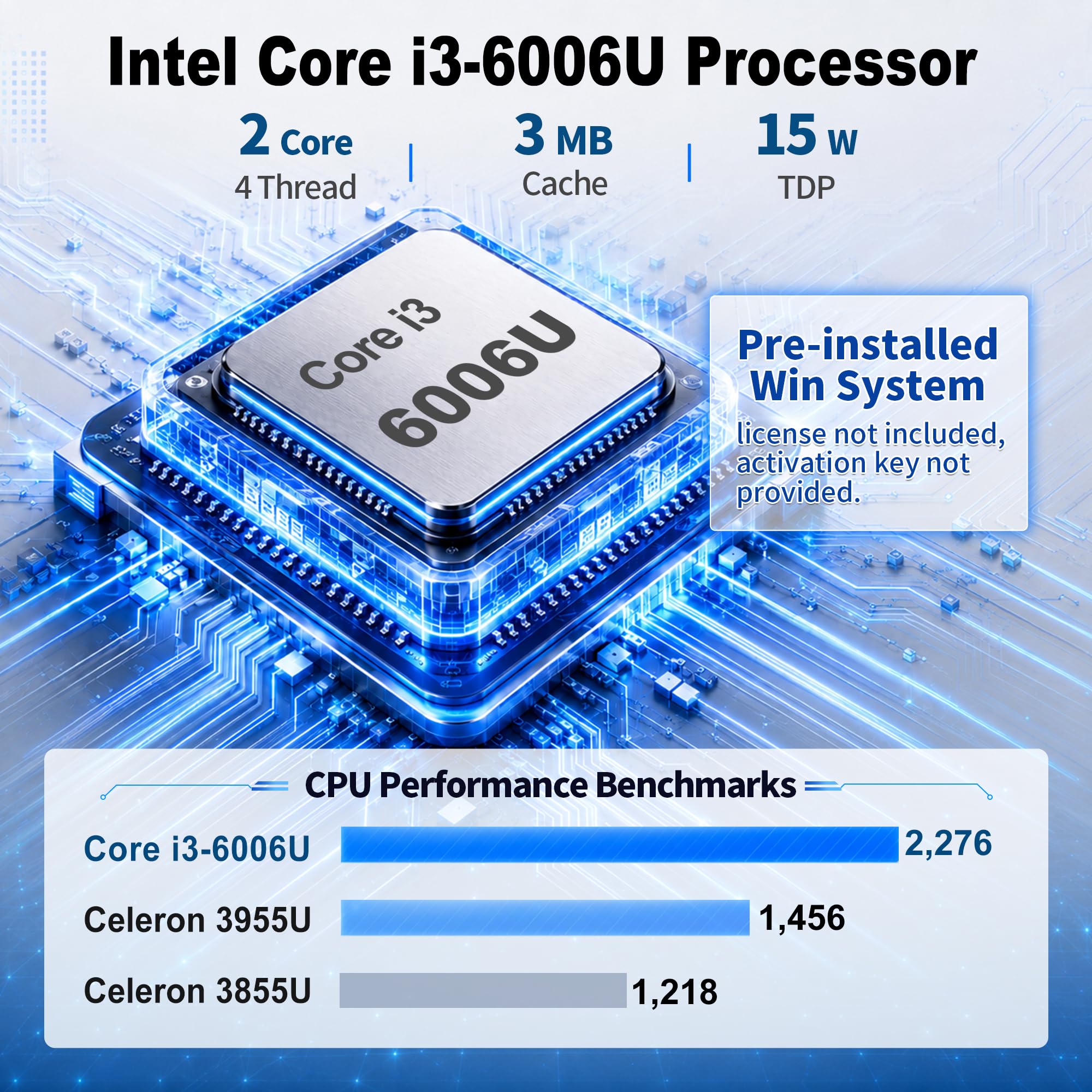 Mini PC Core i3-6006U (2C/4T), Fanless Micro PC DDR3L Barebone No RAM/SSD, 4K HD+VGA, RJ45 Gigabit LAN, SATA3.0 Slot, 6 USB, AES-NI, Desktop Computer for Business Office Home
