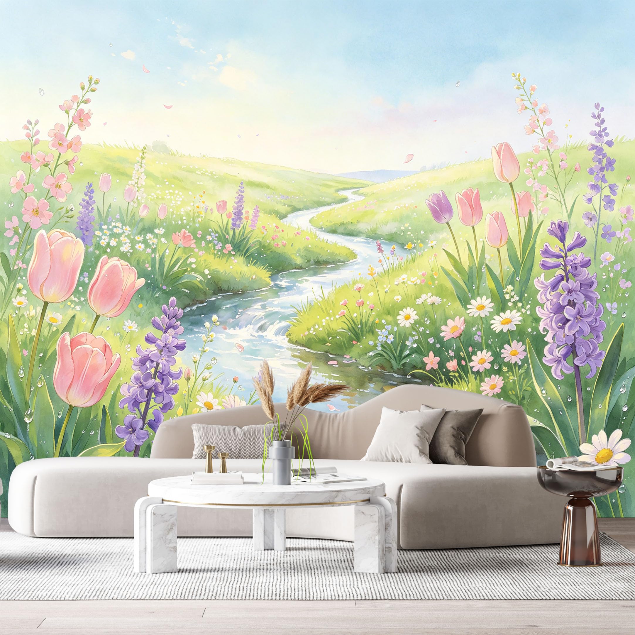 Custom Size Wall Murals Botanical Watercolor Spring Creek Floral Field SelfAdhesive Wall Fabric Removable Large Wallpaper for Photo Living Room Interior Decor