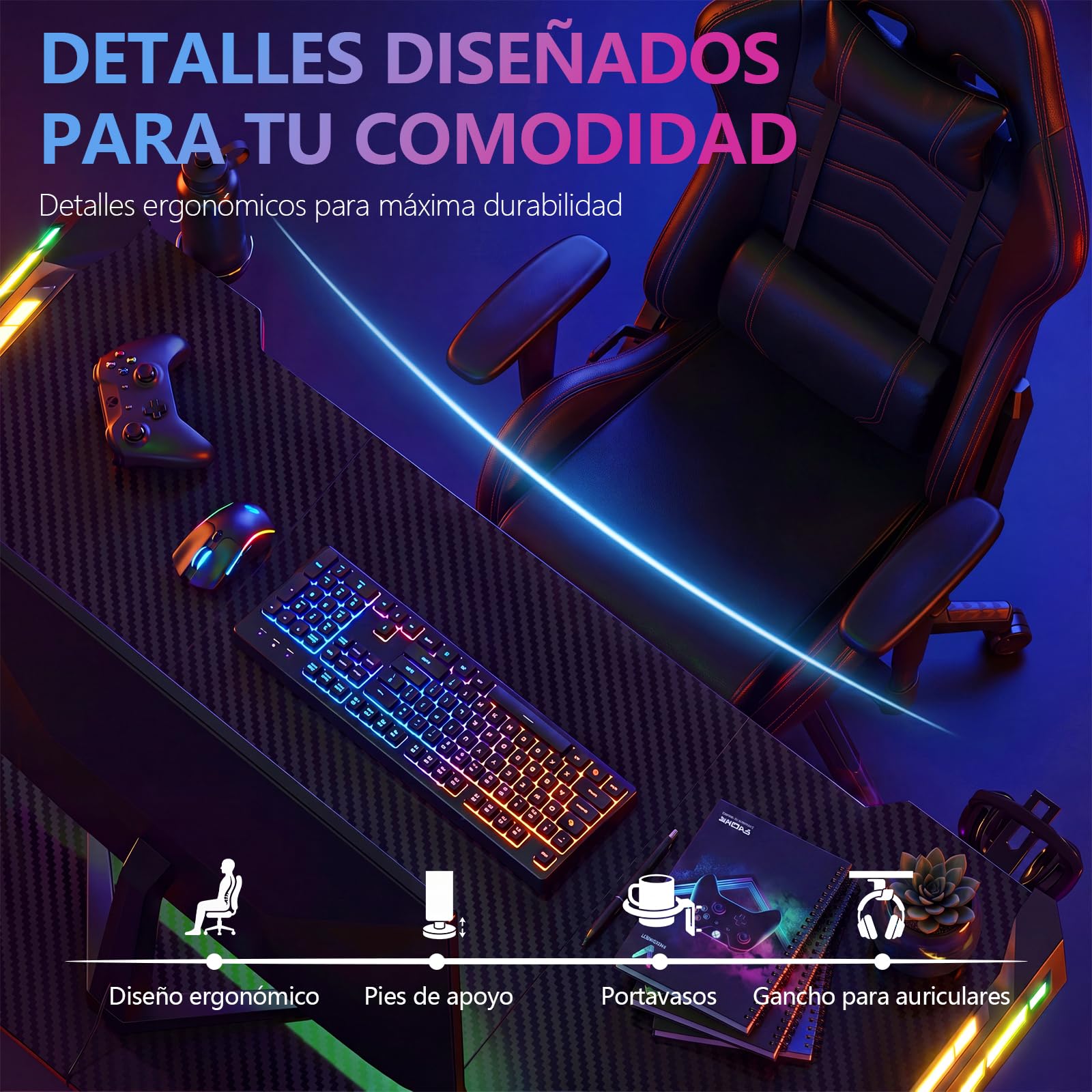 JUMMICO LED Mesa Gaming, 120 x 60 cm Ergonómico Mesa Gamer, Escritorio Gaming de Fibra de Carbono, Escritorio Gamer