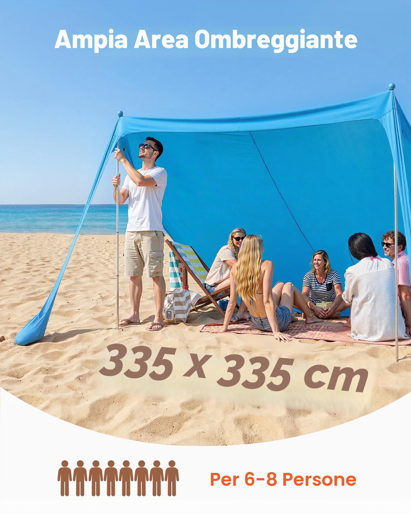 VEVOR Tenda Parasole da Spiaggia per Esterno Protezione Solare UPF50+ con Ancoraggio Dimensioni 3,4 x 3,4 x 2 m, Parasole da Spiaggia con Pali di Supporto Tenda Portatile per Campeggio Viaggio, Blu
