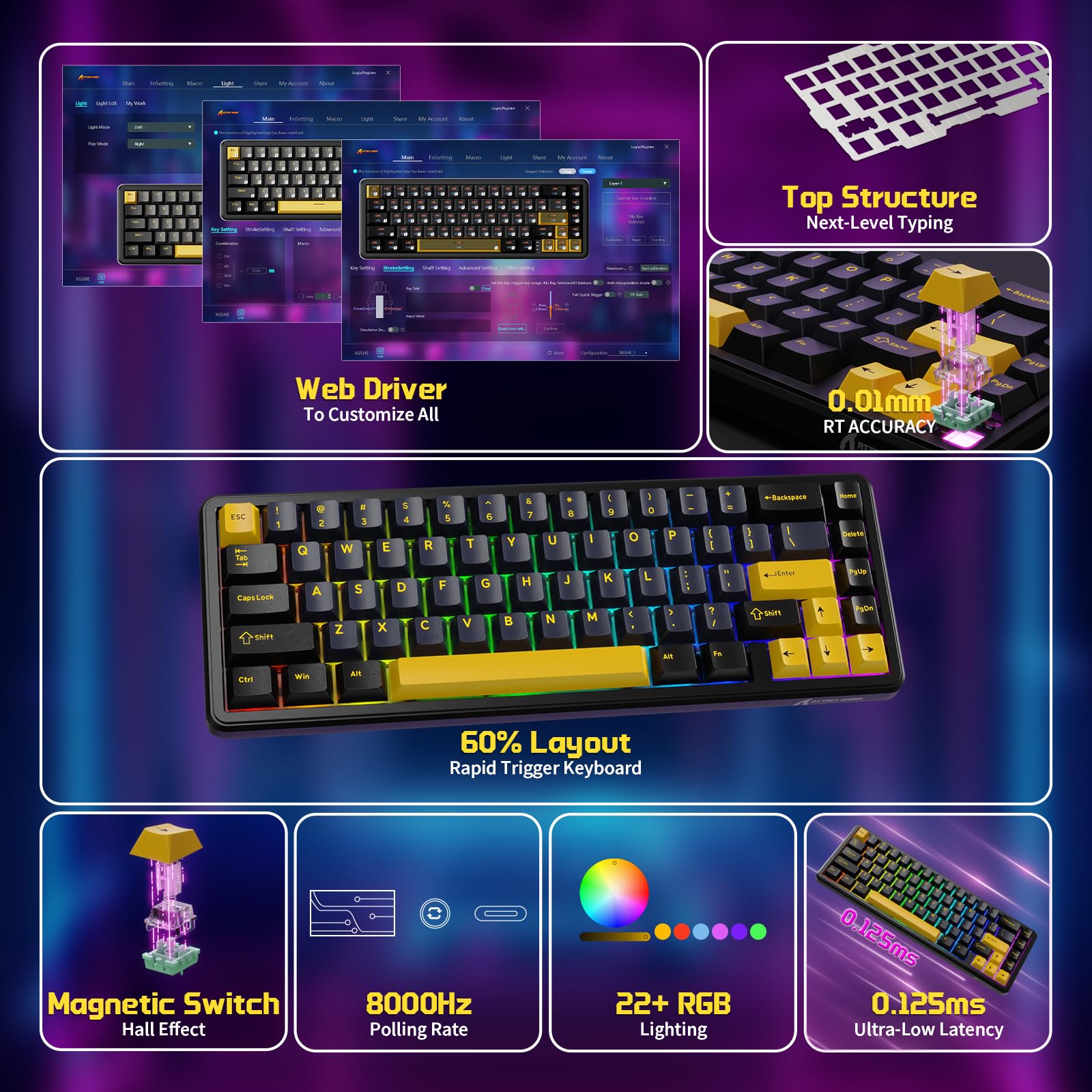 MAMBASNAKE x ATTACK SHARK Przewodowa Klawiatura i Mysz Do Gier, 59g Superlight PAW3311 Wireless Mice, Klawiatura Magnetyczna Mini 65% Rapid Trigger z Kablem Spiralnym 8Khz, QWERTY do PC -StarBlack