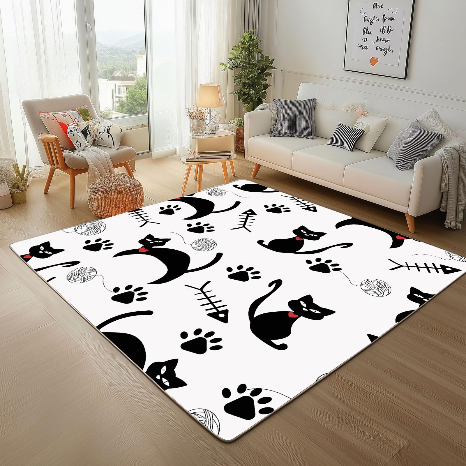 Tapis de salon doux lavable en machine de 160x230cm avec envers antidérapant et motif chat