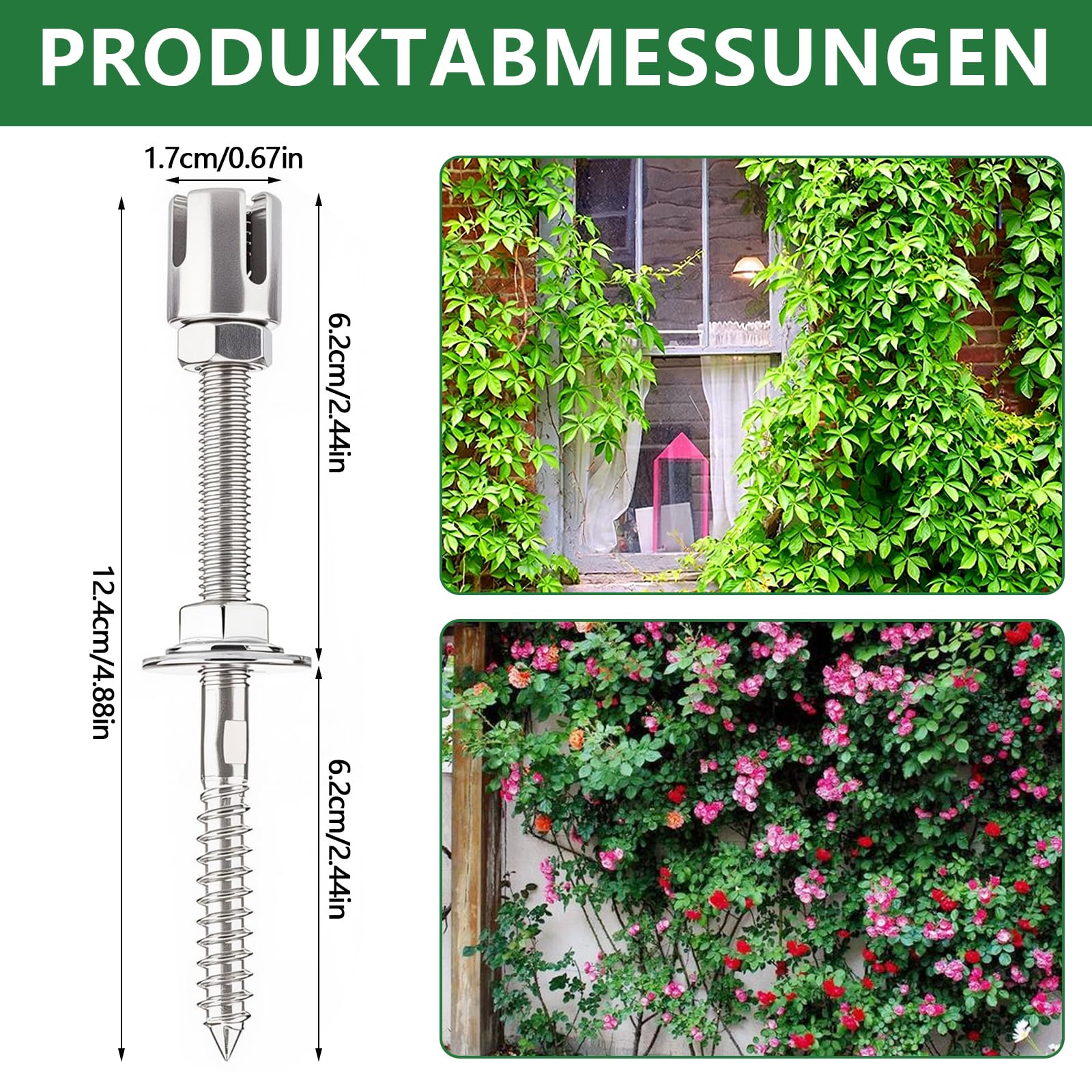 Rankhilfe Metall Edelstahl für Kletterpflanzen, 16m Kletterhilfe Stahlseil | Rankhilfe Wand Pflanzen Set mit 3 mm Durchmesser Seil&10 Halter, Rankgitter Ddelstahl Seilsystem für Garten/Mauer/Beton/Zaun