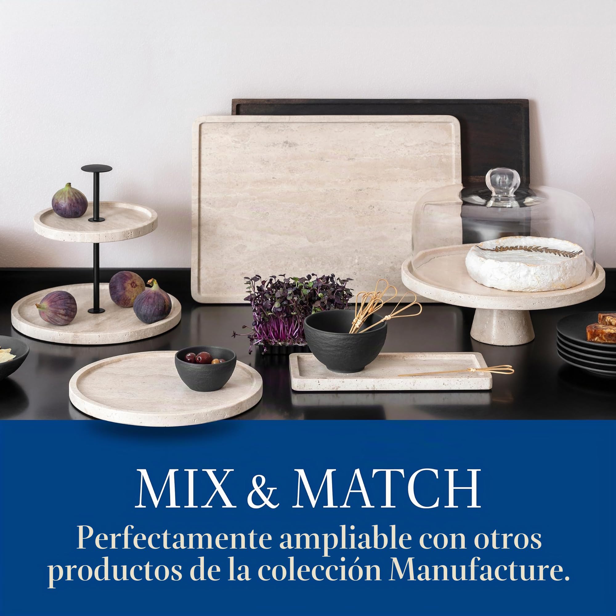 Villeroy & Boch - Manufacture Travertine, plato para servir beis, hecho a mano, diseño elegante de piedra natural en tonos arena, plato de piedra, vajilla de travertino