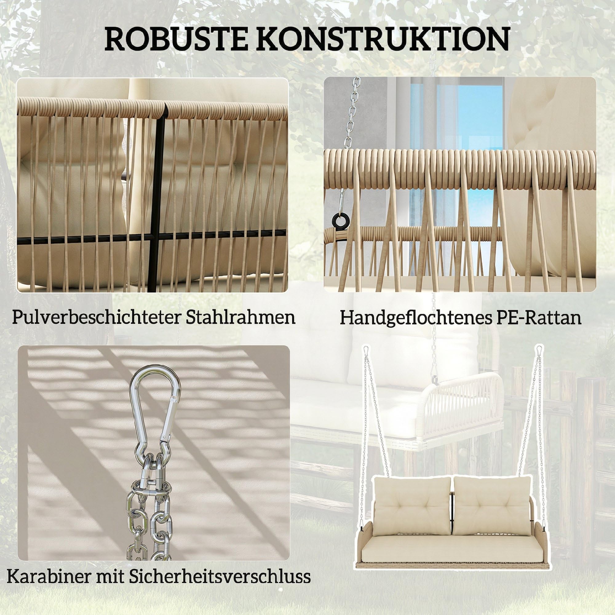 Outsunny Hollywoodschaukel 2-Sitzer Rattan Mit Kissen 115 x 66 x 44cm Beige