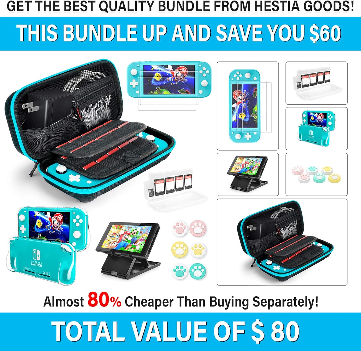 Switch Lite Accessories Bundle kit - Case & Screen Protector Compatible with Nintendo Switch Lite, Table Stand, Games Holder, TPU Grip Case, 6 pcs Cult Cat Thumb-Grip & More (Hestia Goods Gift Pack)