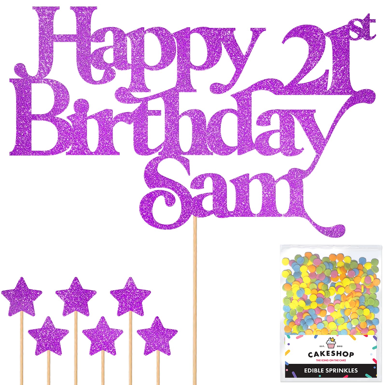 Personalised Happy Birthday Glitter Cake Topper - Purple Any Name & Any Age Glitter Cake Decoration and Sprinkles - Happy Birthday Decorations - Personalised Toppers for Cakes by Cakeshop