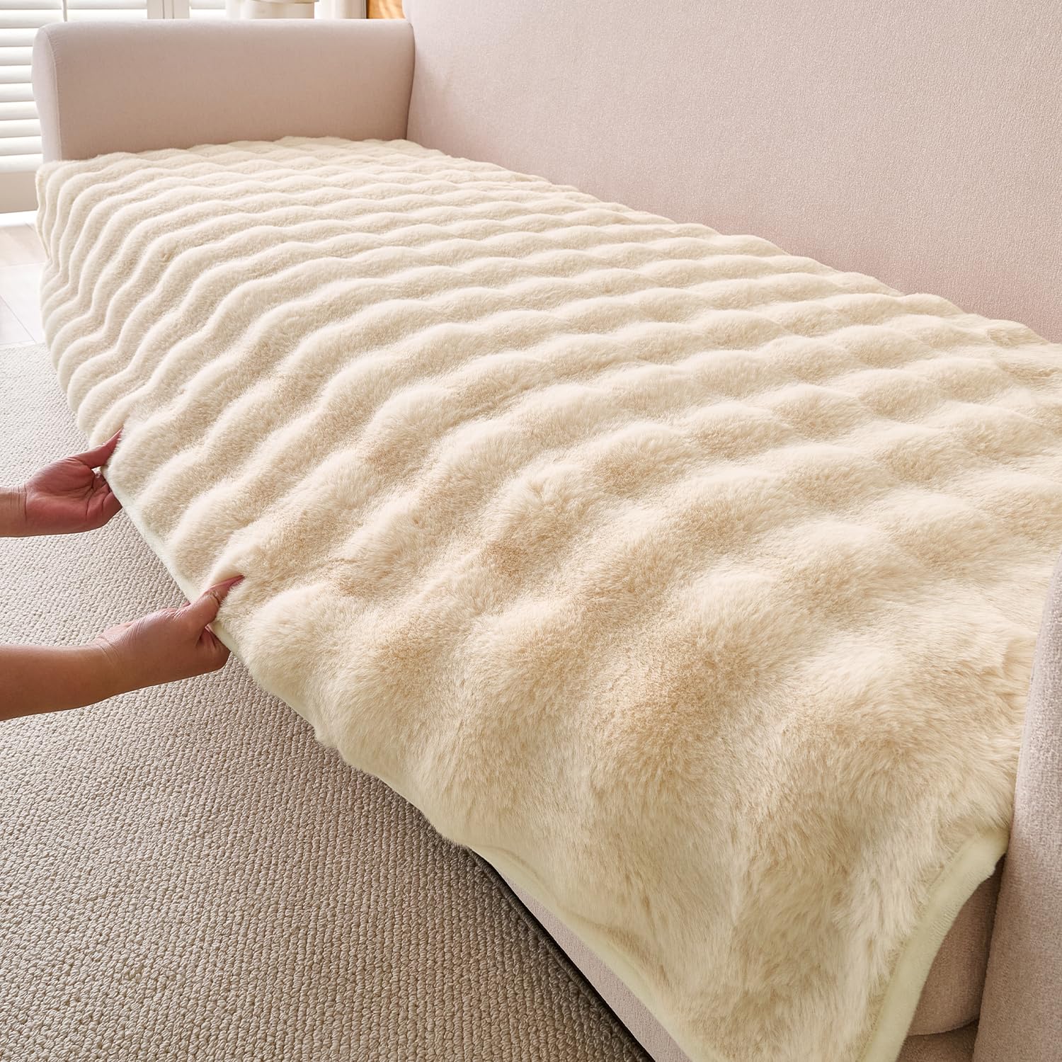 HOKIPO faux fur Premium Faux Rabbit Fur Sofa Cover Mats for L Shape and 1/2/3 Seater Sofa. Make Your Own Sofa Cover Set, Mat Length 90(D) x 60(L) cm, Beige (AR-5010-CRM)-image-35