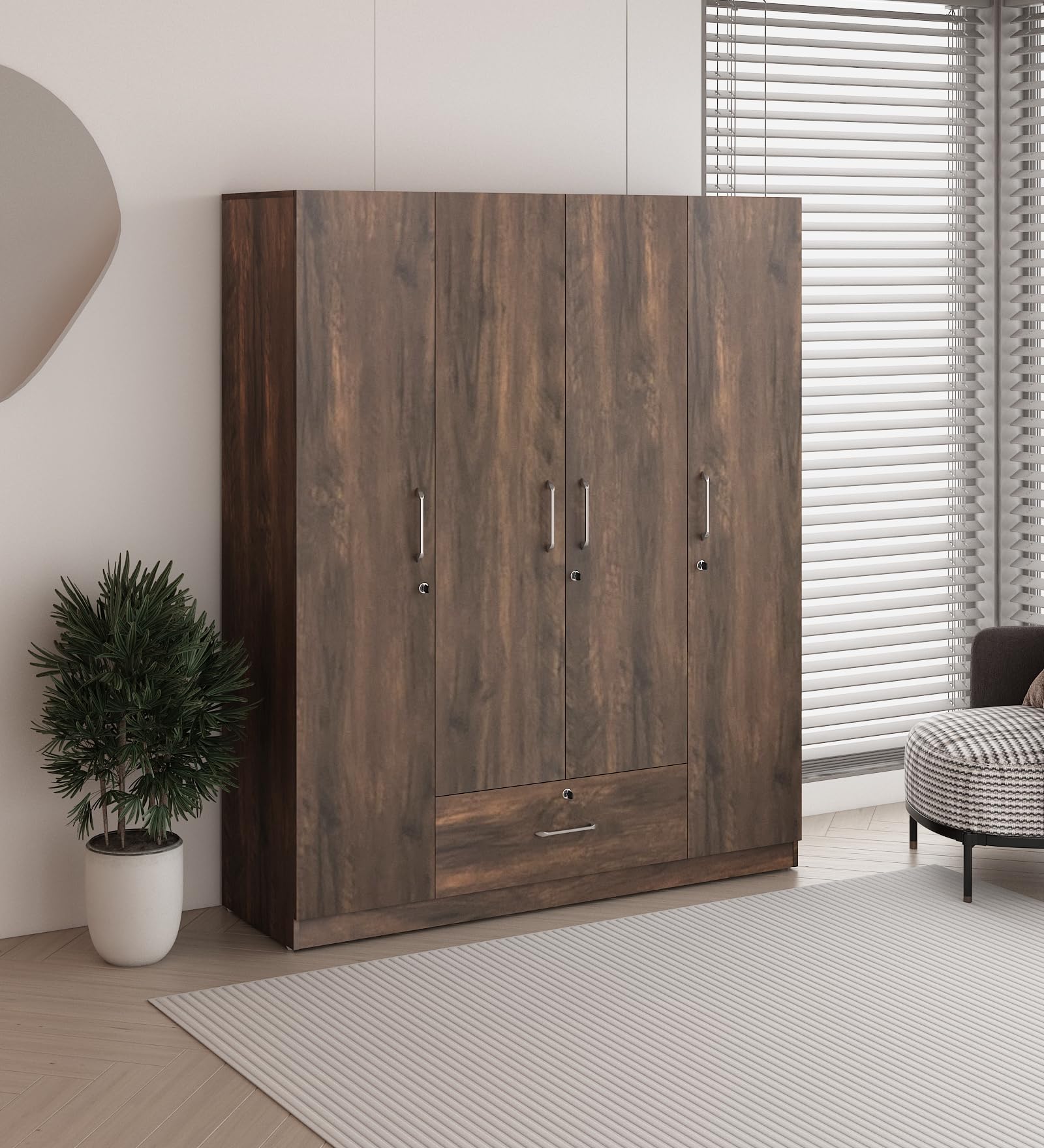 Nexel 4 Door Wardrobe | Engineered Wood | Natural Teak Finish | Spacious Storage with Drawers, Shelves & Hanger | Elegant and Durable | Knock Down | 36 Months Warranty-image-41