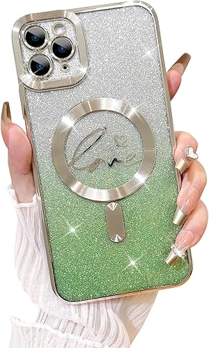 Vista 28 de Fiyart - Funda transparente magnética con purpurina para iPhone 12 para mujeres, con grabado "Love" metálico, protección para cámara y antigolpes