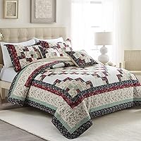 Vista 3 de L'IRISDOM Juego de edredón de retazos, tamaño King, 100 % algodón, colcha reversible roja con 2 fundas de almohada
