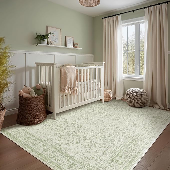 Sage Green Rug 5x7 Baby Girl Nursery Decor Neutral Boho Floral Pattern Distressed Design Washable Soft Cottagecore Area Rugs for Living Room Bedroom Light Green Low Pile No Slip Carpet 5 x 7