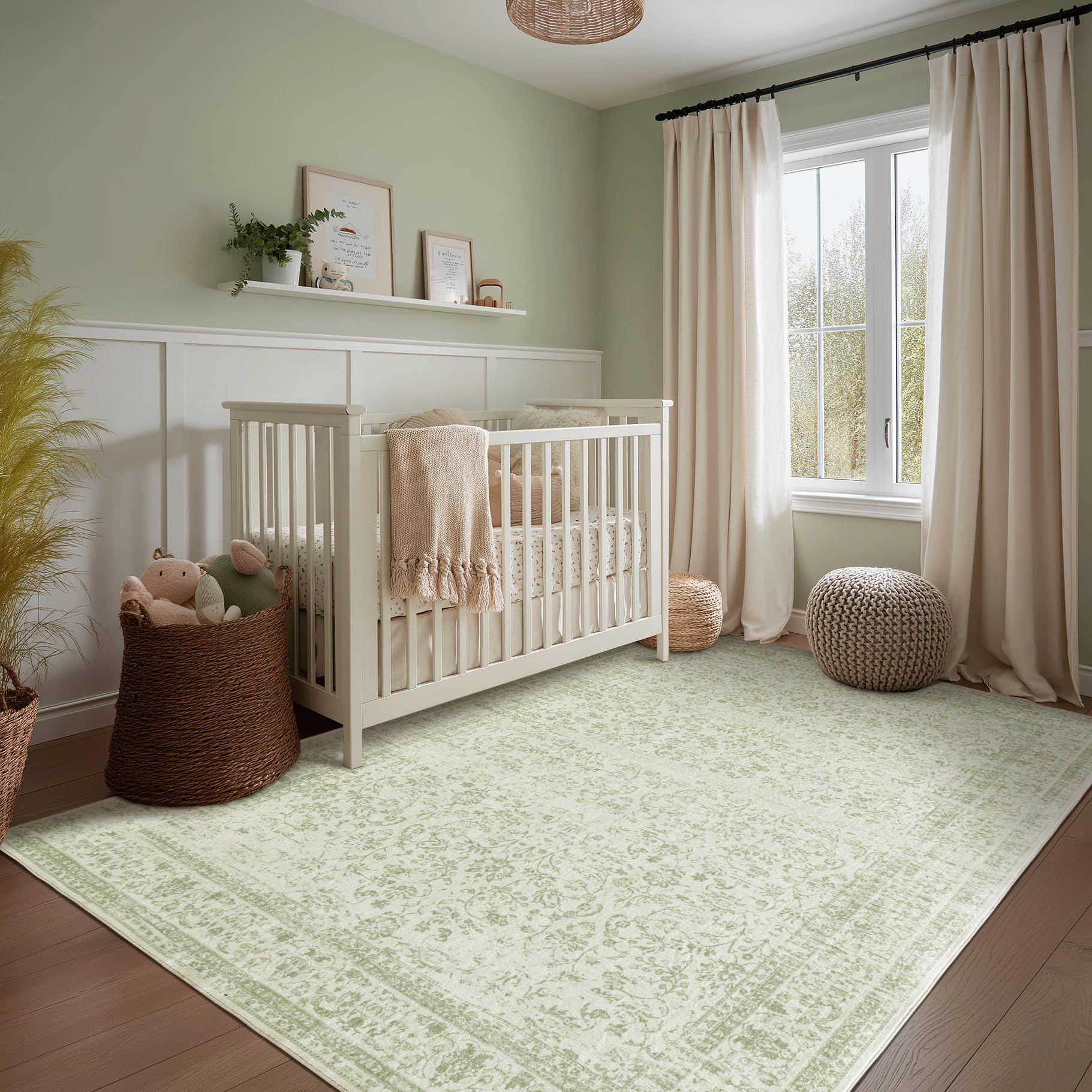 Sage Green Area Rug for Bedroom Neutral Boho Farmhouse Floral Distressed Design 5x8 Rug with Washable No Slip Soft 5 by 8 Area Rugs for Living Room