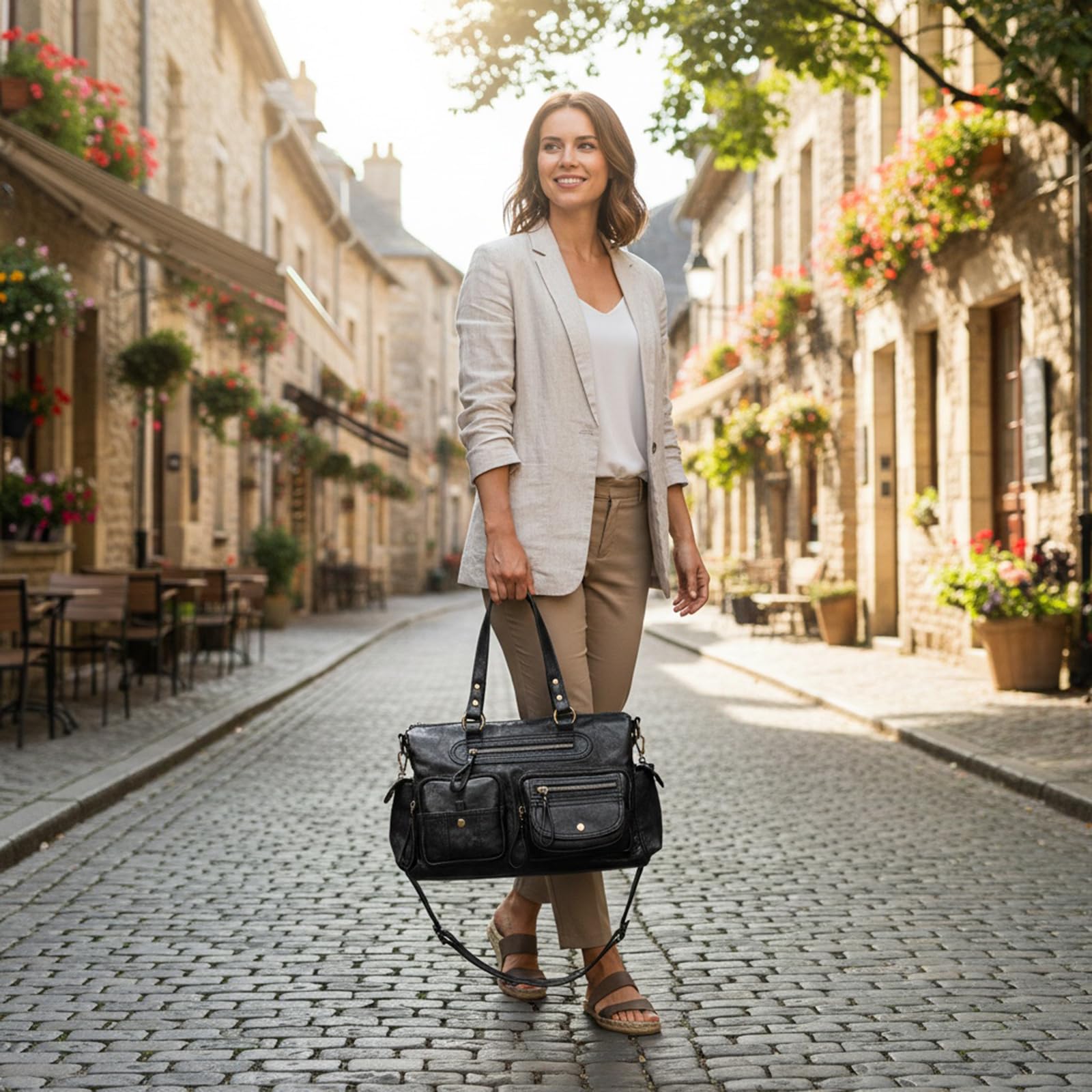 Borsa a tracolla da donna in PU stile anni '90 con tasche multiple borsa retrò con cerniera a tracolla per viaggi, nero+marrone