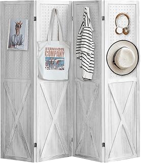 4 Panel Pegboard Wood Room Divider, 5.6Ft Pegboard Display Folding Privacy Screens, Peg Board Display Freestanding for Trade Show Craft Show Home Wall Organizer, Retro White