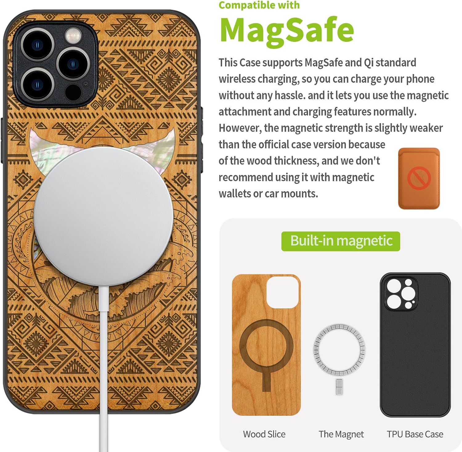 Carveit Designer Wooden Protective Case for iPhone 12 Pro Max Magnetic Cover [Wood Engraving & Shell Inlay] Compatible with 12 Pro Max MagSafe (Whale Tail-Cherry)