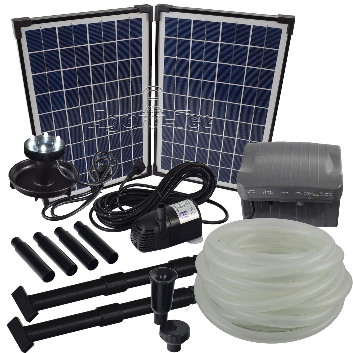 Agora-Tec® AT-Solar Bachlaufpumpen - Set 20W-BLH mit Akku und 6- Fach LED Ring inklusive 9 Meter Bachlaufschlauch und LED Halterung, Hmax.: 1350l/h Förderhöhe: 3,05 m bei Verwendung eines Schlauches