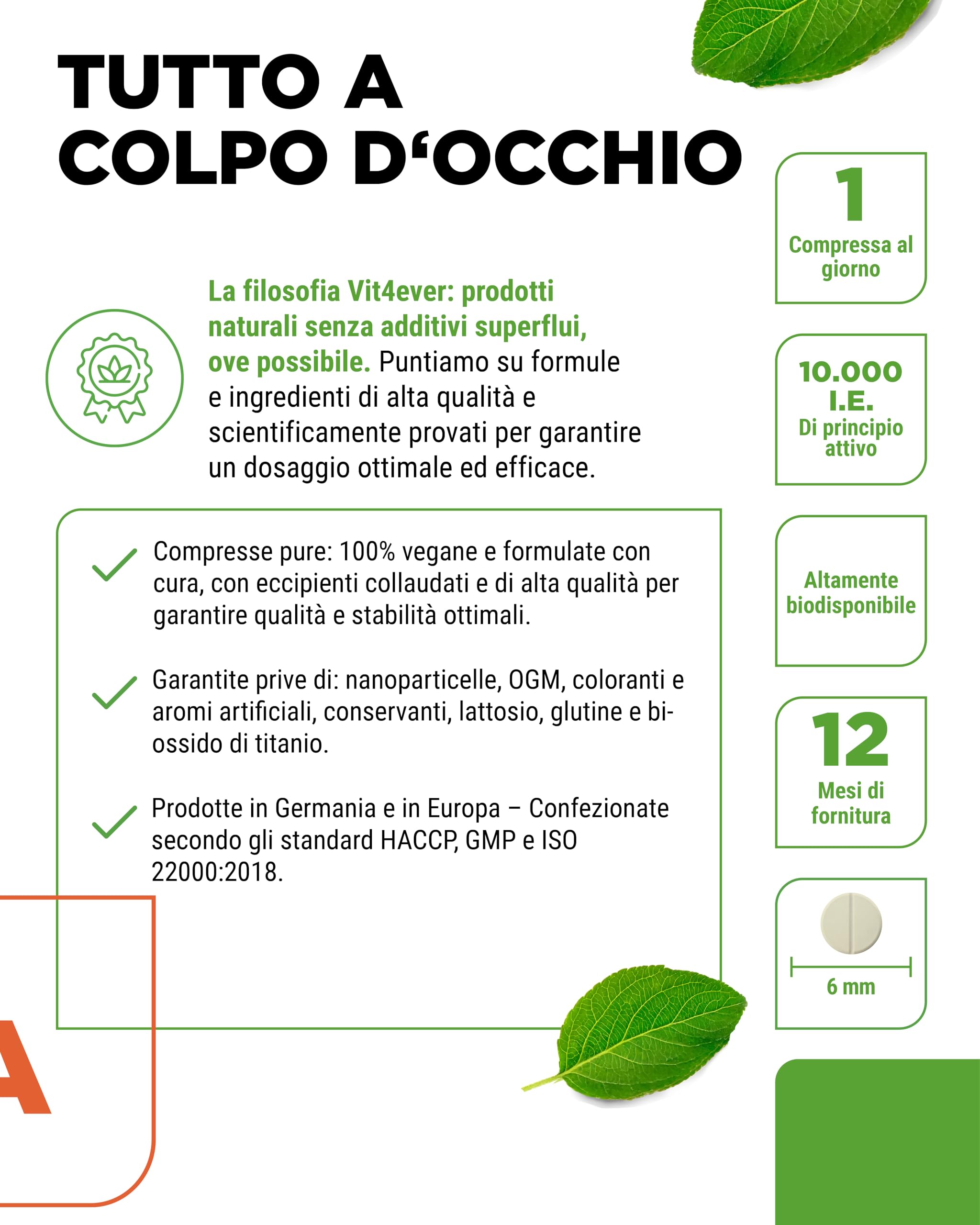 vit4ever Vitamina A - 10.000 U.I. (3000 µg) - 365 compresse - Alternativa alle capsule - Acetato di retinile ad alto dosaggio - Senza additivi inutili - Occhi, pelle, sistema immunitario - Vegan