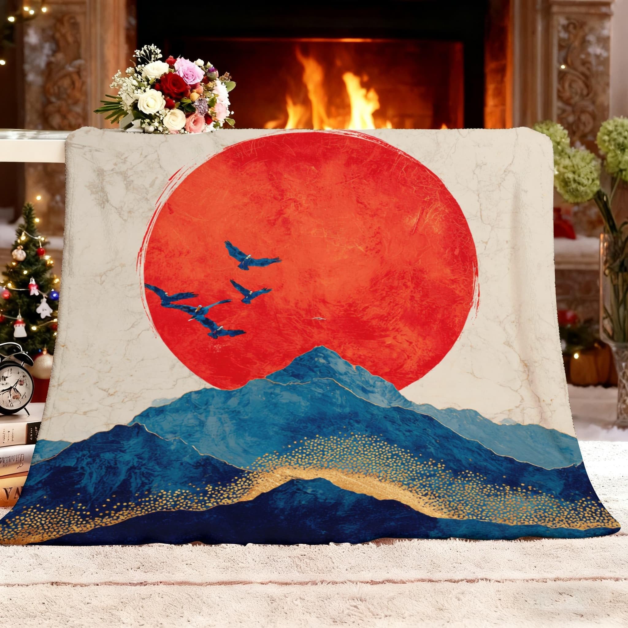 Sherpa Couverture Coucher De Soleil, Montagnes Et Oiseaux Plaid Polaire Flanelle Super Chaude Couverture Douillette Douce et Chaude Bleu Foncé Antistatique Plaids pour Lit Canapé Camping Voyage