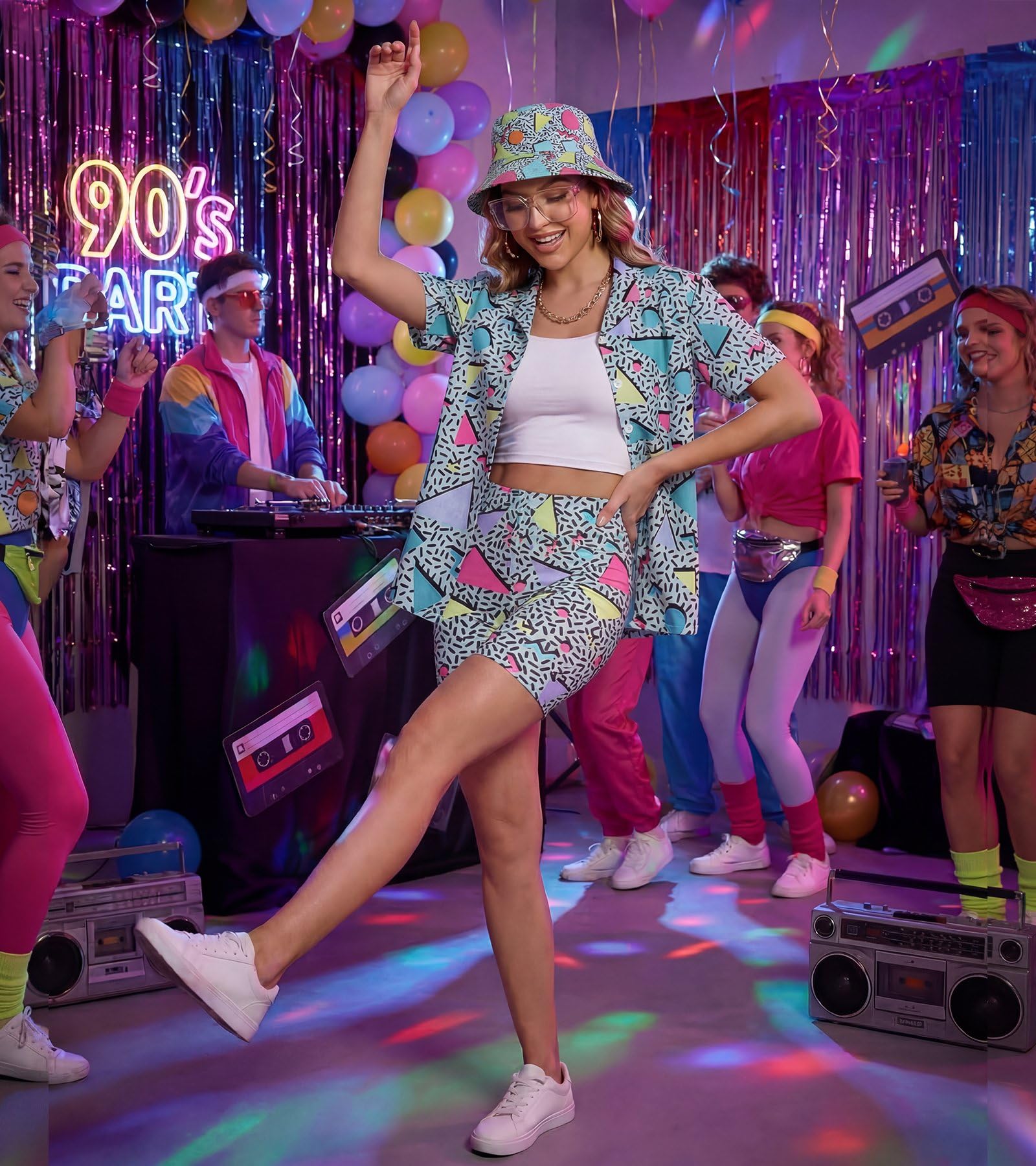 Traje de los años 80 y 90 para mujer, disfraz de hip hop, blusa hawaiana de manga corta, 6 piezas