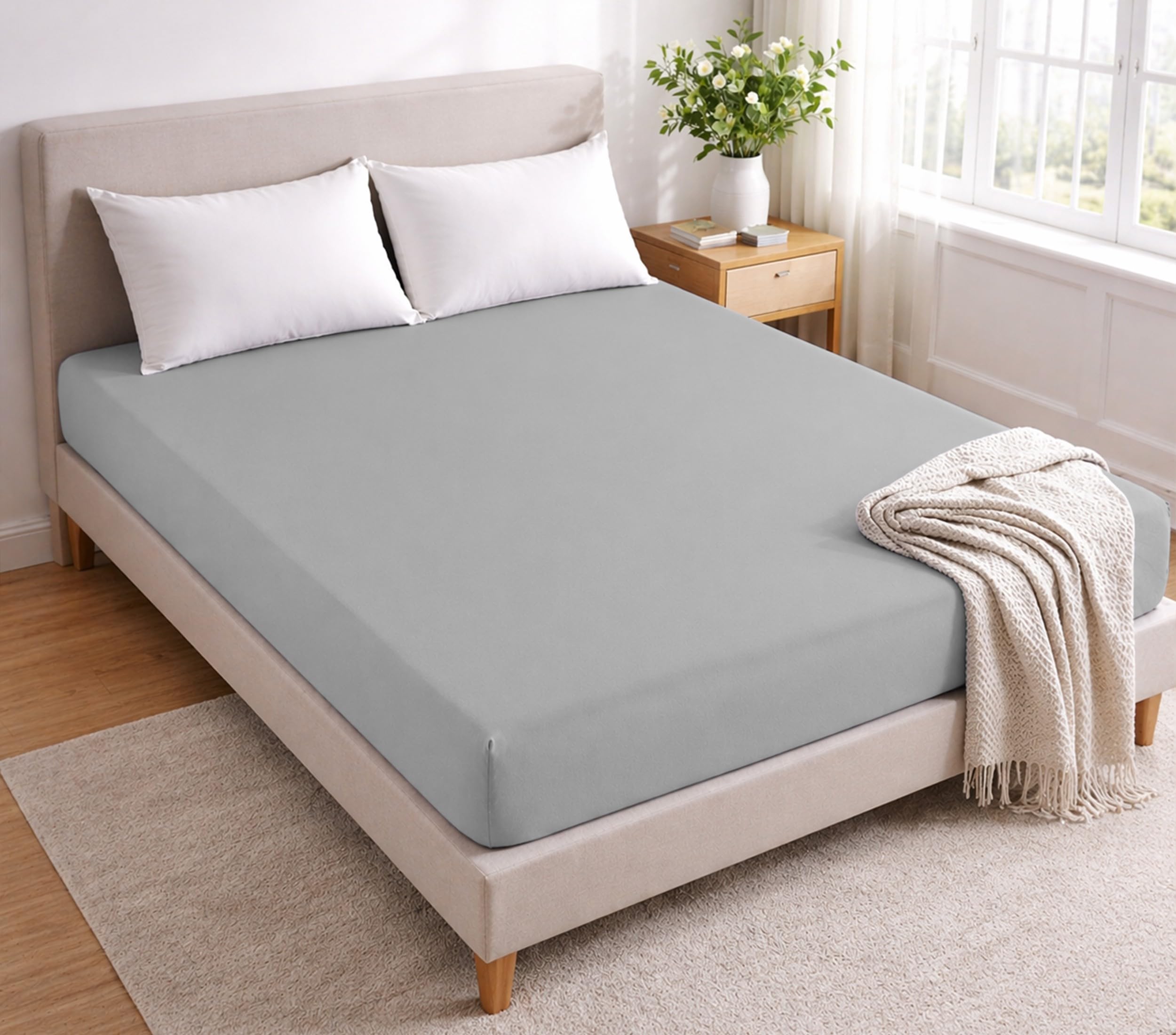 Single Fitted Sheet Extra Deep Fit 40 cm (16 Inches) Brushed Microfiber Silver Single Bed Sheets (90x190cm) Hypoallergenic Ultra Soft Bottom Sheet - Fade & Wrinkle Resistant