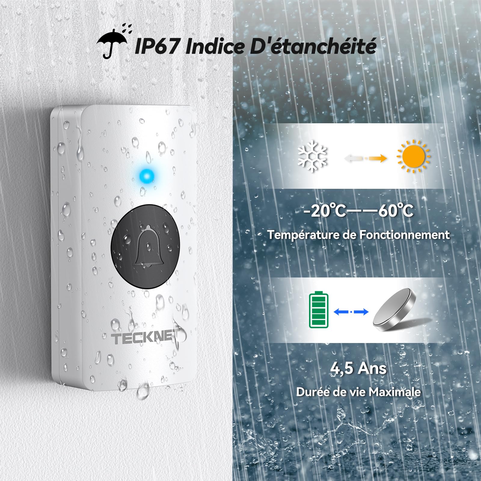 TECKNET Sonnette, IP67 sonnette sans fil exterieur etanche, 400 m sonnette sans fil longue portée, sonnette sans fil avec 60 Klingeltöne, sonette sans fil avec 2 émetteurs & 2 récepteur à piles