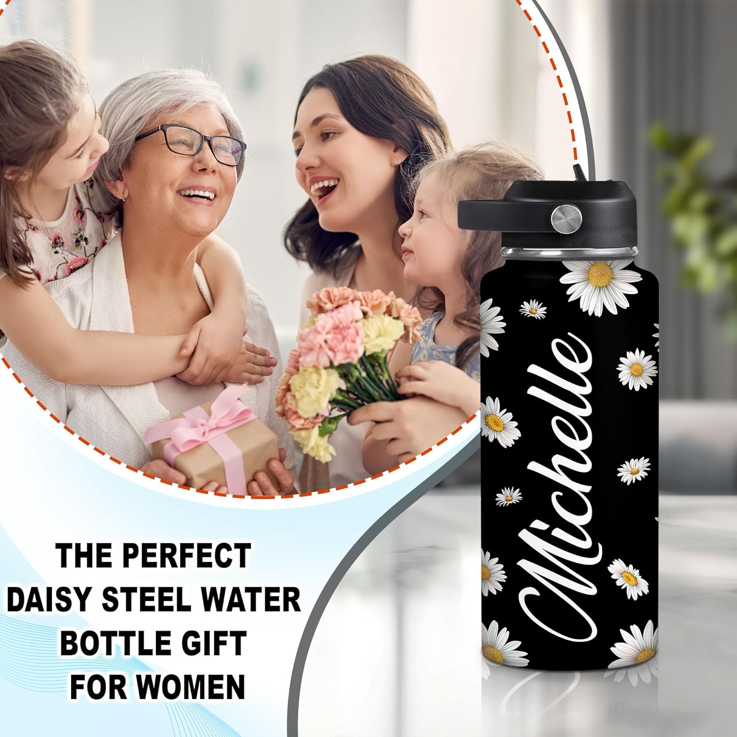 Hyturtle Personalized Gifts For Daisy Flower Lover - White Daisy Flower Print Custom Name Stainless Steel Water Bottle 12oz 18oz 32oz Stainless Steel Bottle With Straw Lid - Gifts For Her Women Girl - Image 3