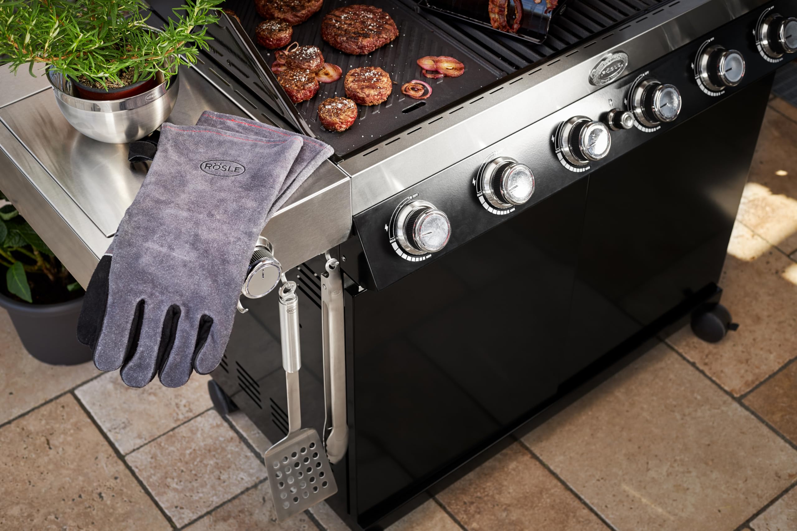 Gebol Grill Professional Barbecuehandschoenen van leer, veilige bescherming tegen hitte voor keuken, barbecue en oven, ideaal barbecue-accessoire, voor heren, universele maat, zwart-grijs, 1 paar