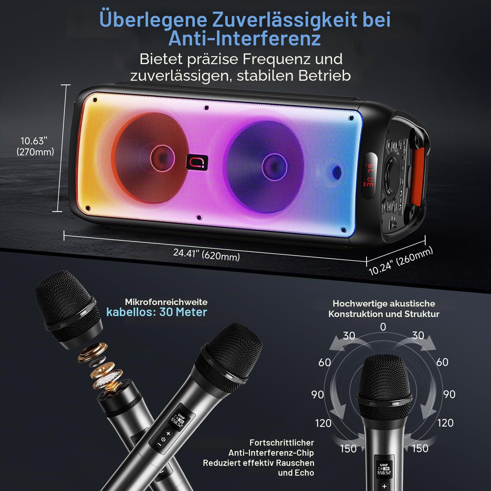 JYX Karaoke Maschine mit 2 Mikrofonen, LED Licht – Bluetooth 5.3, TF/USB/AUX/TWS/LIVE, Karaoke Box & PA Anlage für Party, Outdoor, Zuhause, Erwachsene, Perfekt für Gesang & Duette