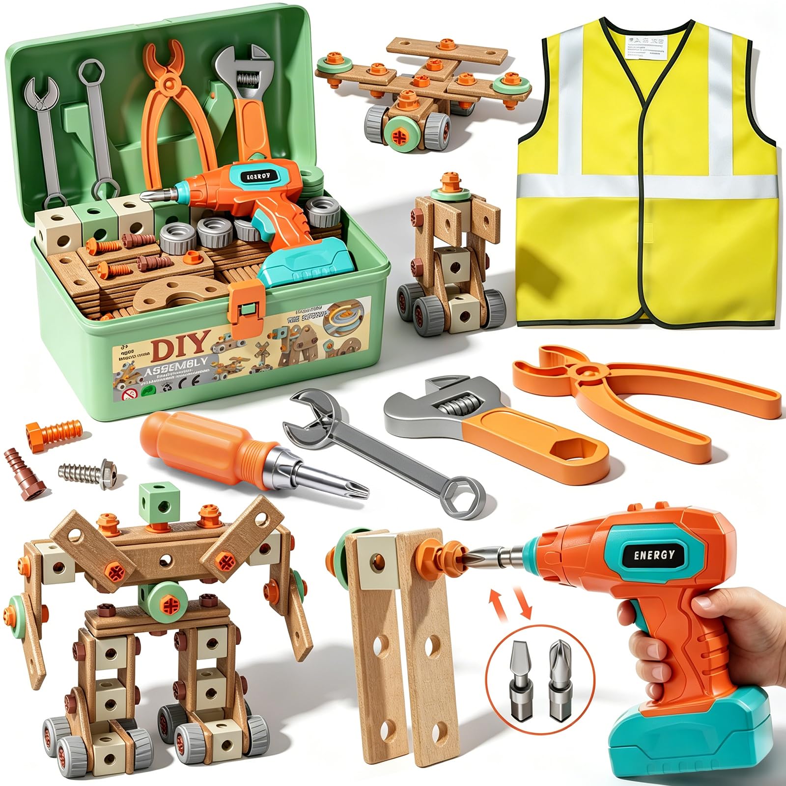 CUTE STONE Kids Tool Set with Electronic Drill, 168Pcs Tool Kit with Construction Vest and Tool Box, Montessori Toys Educational Construction Toy, Pretend Play Building Toy Gift for Toddler Boys Girls