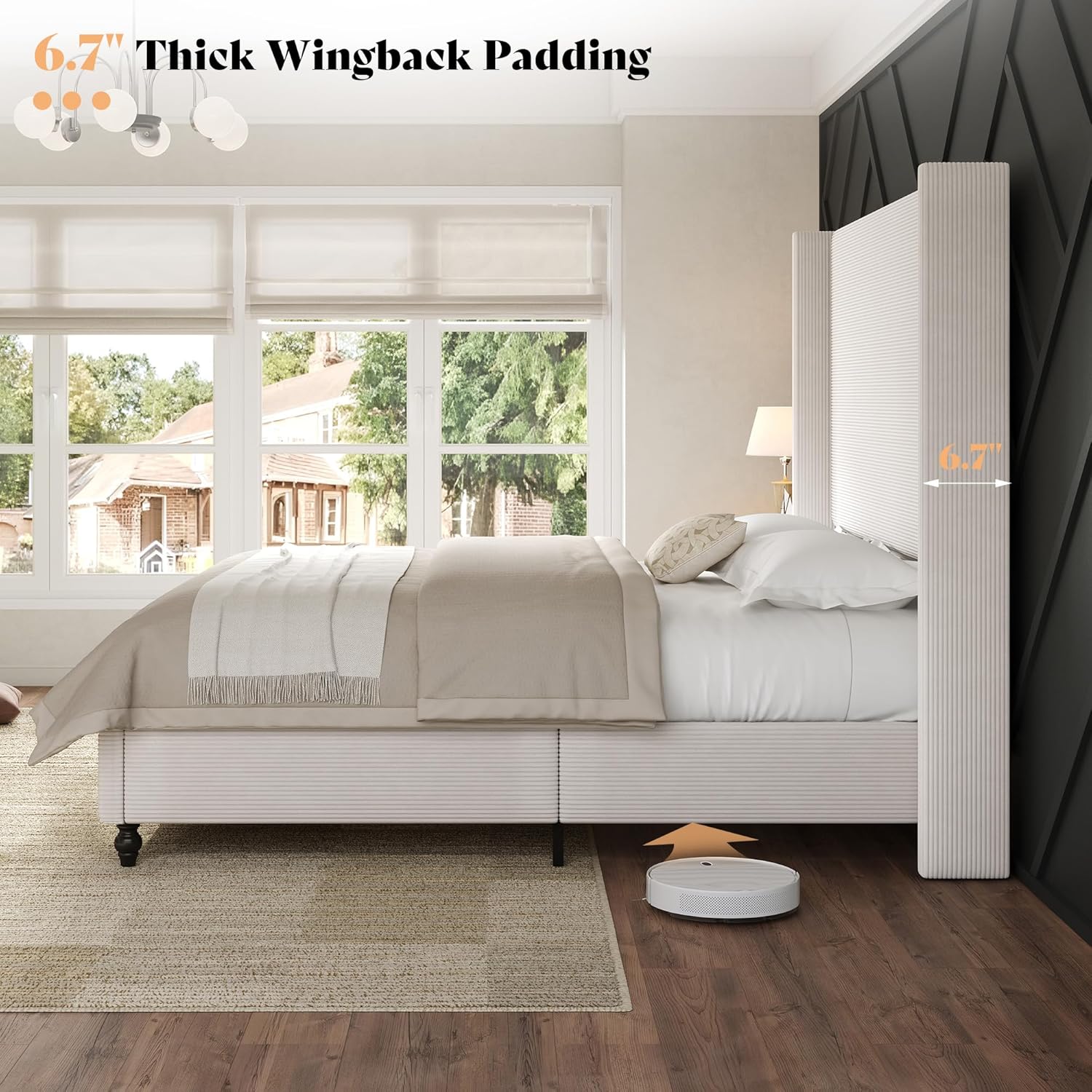 AMERLIFE King Size Bed Frame with 65" Tall Headboard, Upholstered Corduroy Bed Frame with Wingback, Platform Bed with Solid Wood Gourd Legs, Solid Slats, No Box Spring Needed, White