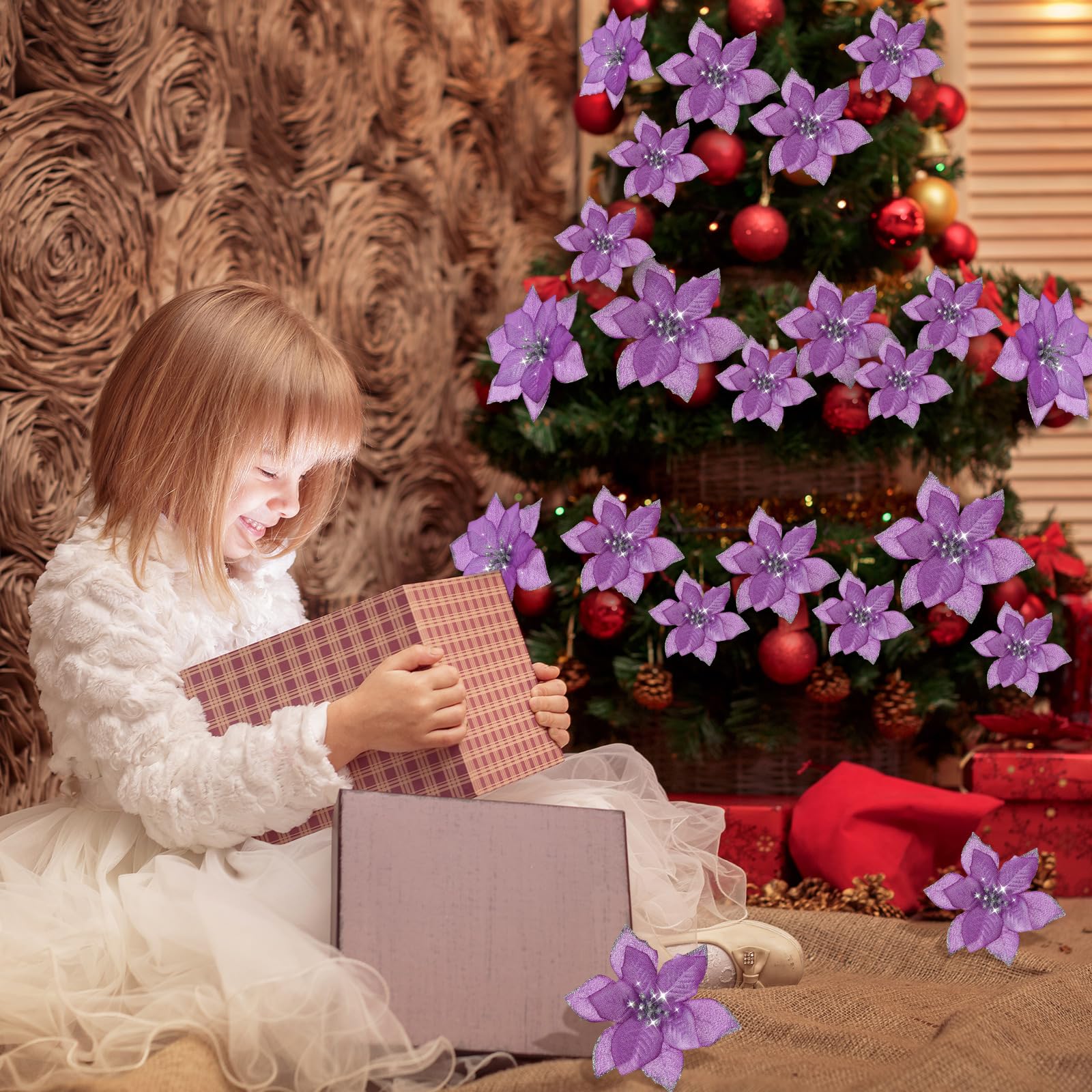 36 Pcs 3 Size Christmas Poinsettia Christmas Tree Flowers Glitter Faux Flowers Decoration Artificial Poinsettia Ornaments For Christmas New Year Home Outdoor Decoration (Light Purple,3/ 4/ 6 Inch) - Image 4