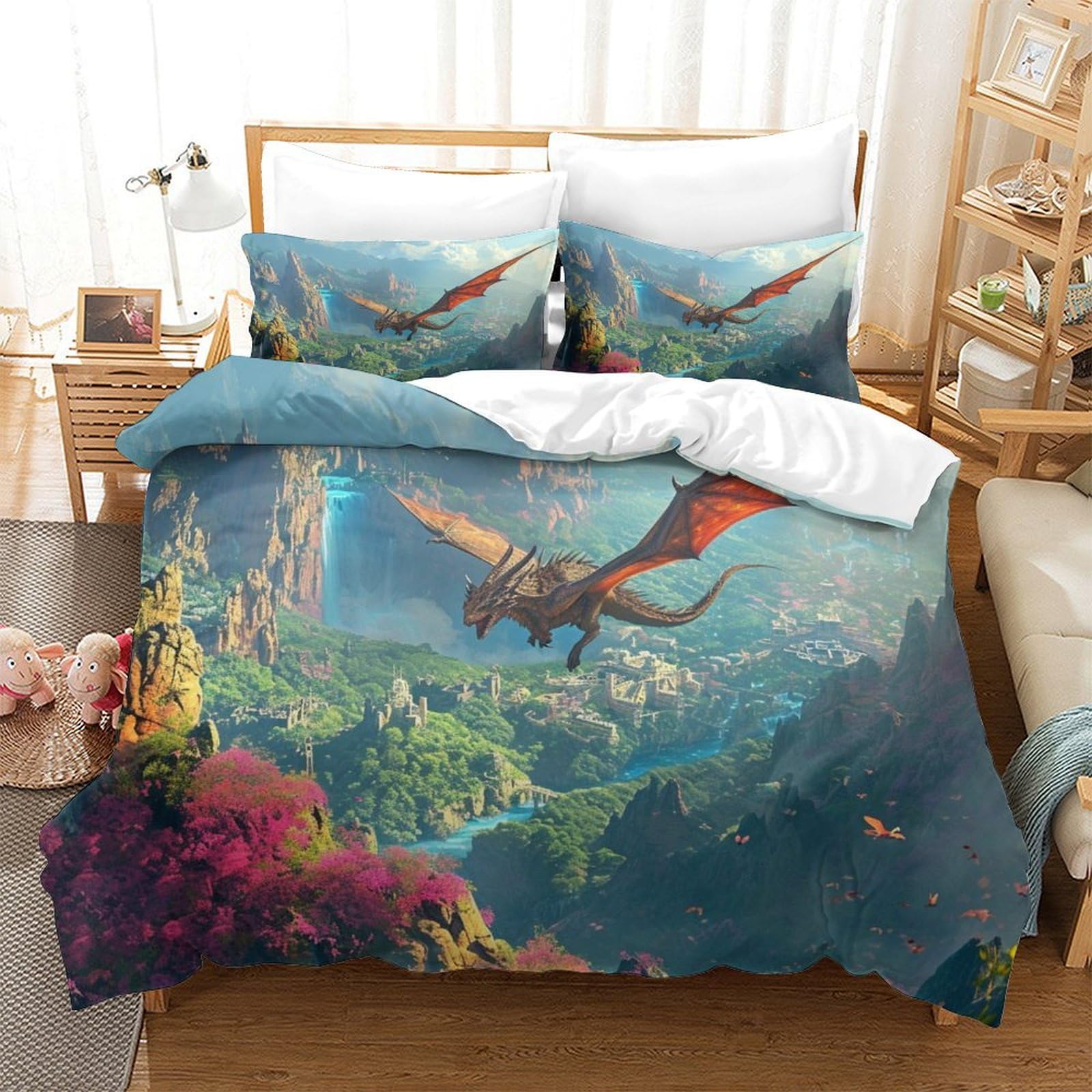 Parure de lit dragon 3D Super King 260x220 en microfibre avec housse de couette et taies d'oreiller