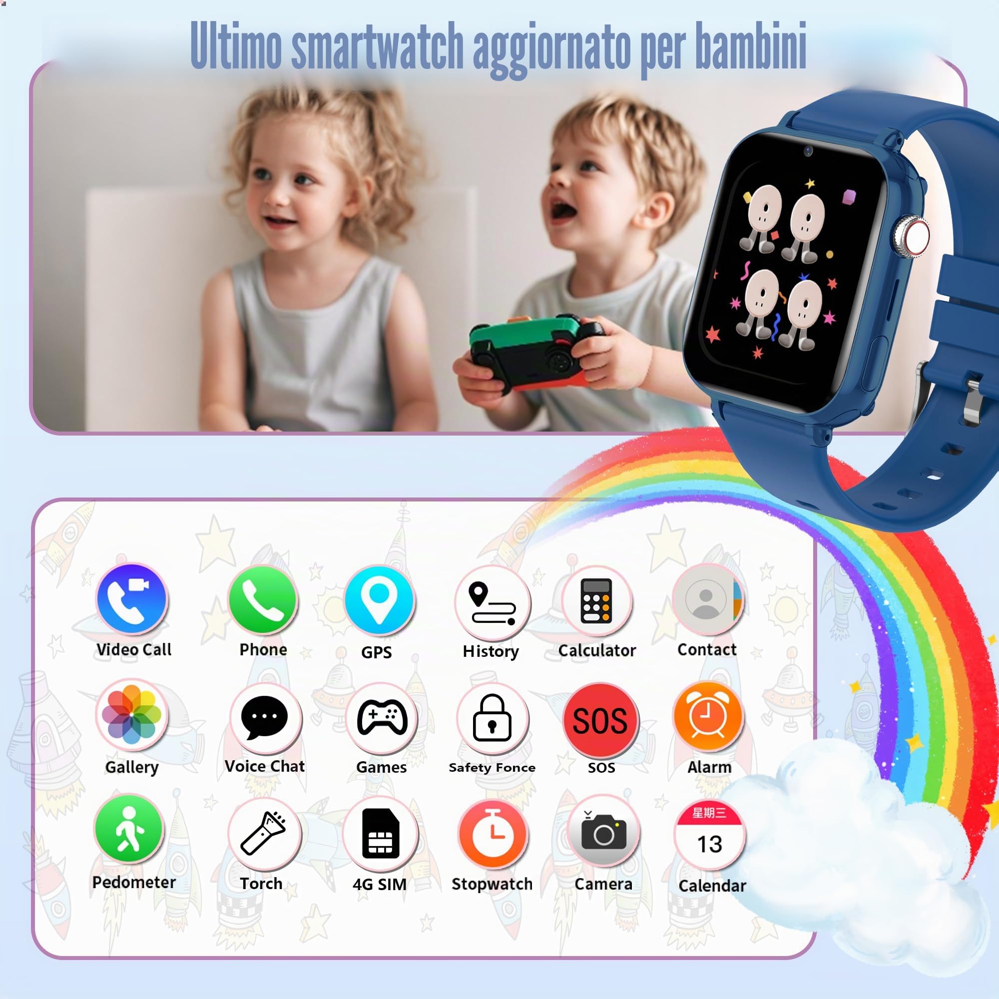 Smartwatch Bambini 4G GPS Videochiamate SOS Voce Chat Fotocamera Regali | posizione in tempo reale, chat familiare, modalità scuola, telefono, giochi, ip68, sveglia, compleanno ragazza ragazzo