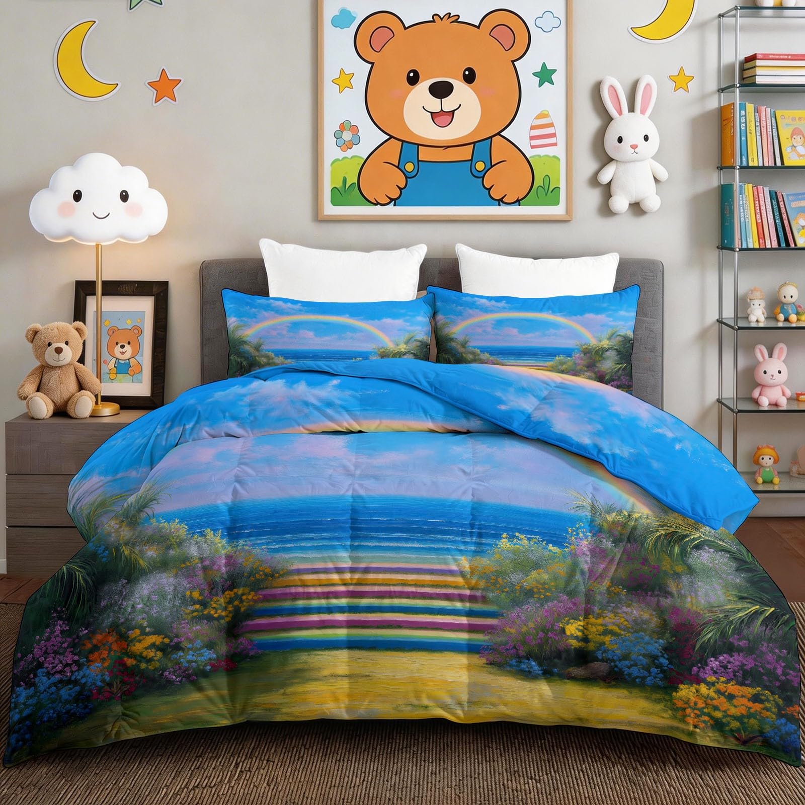 Couette 4 saisons arc-en-ciel 200x200 cm avec 2 taies d'oreiller lit 2 personnes