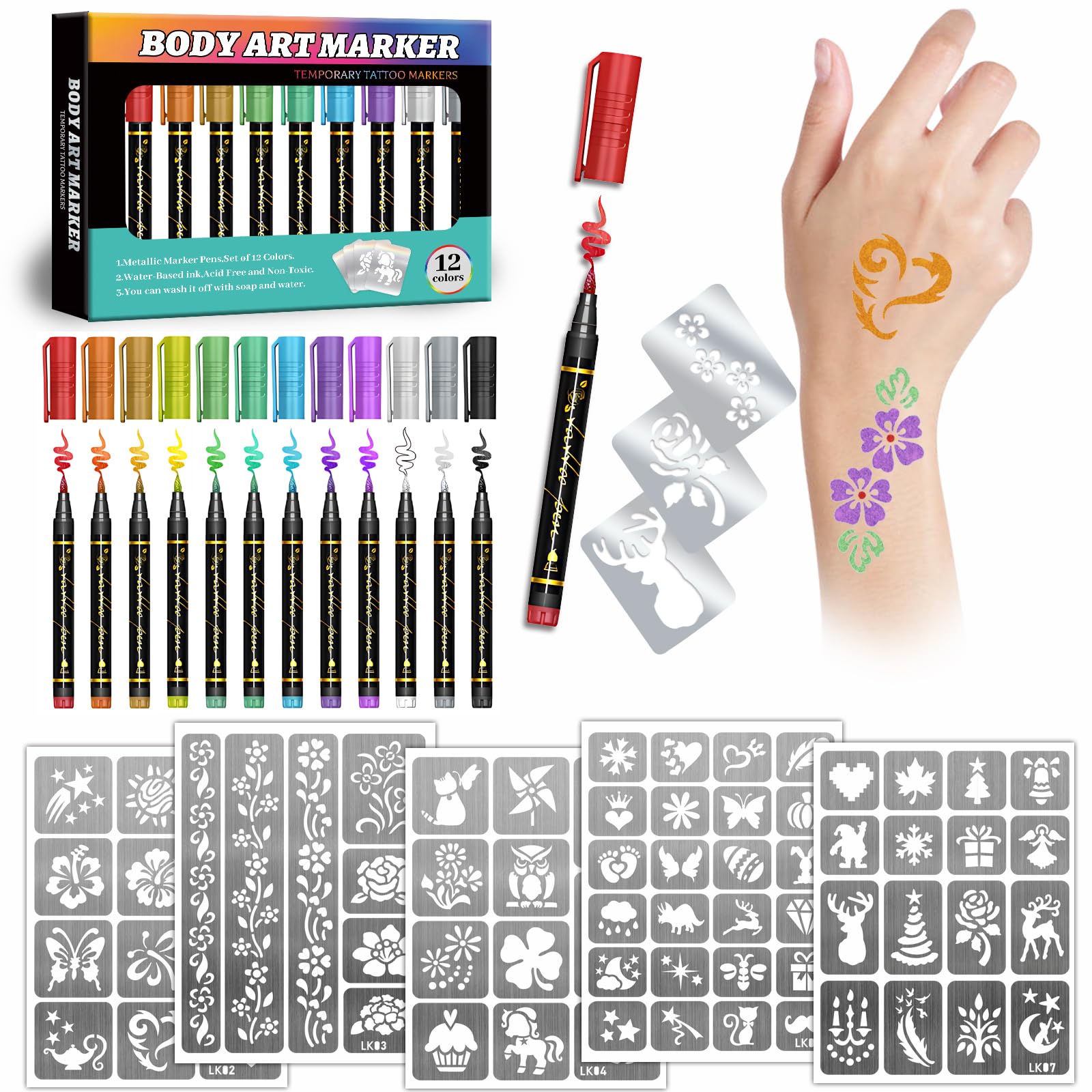 Pennarelli temporanei per tatuaggi per bambini e adulti, 12 pennarelli metallici e 155 stencil per tatuaggi, penne cosmetiche per tatuaggi per bambini e adulti