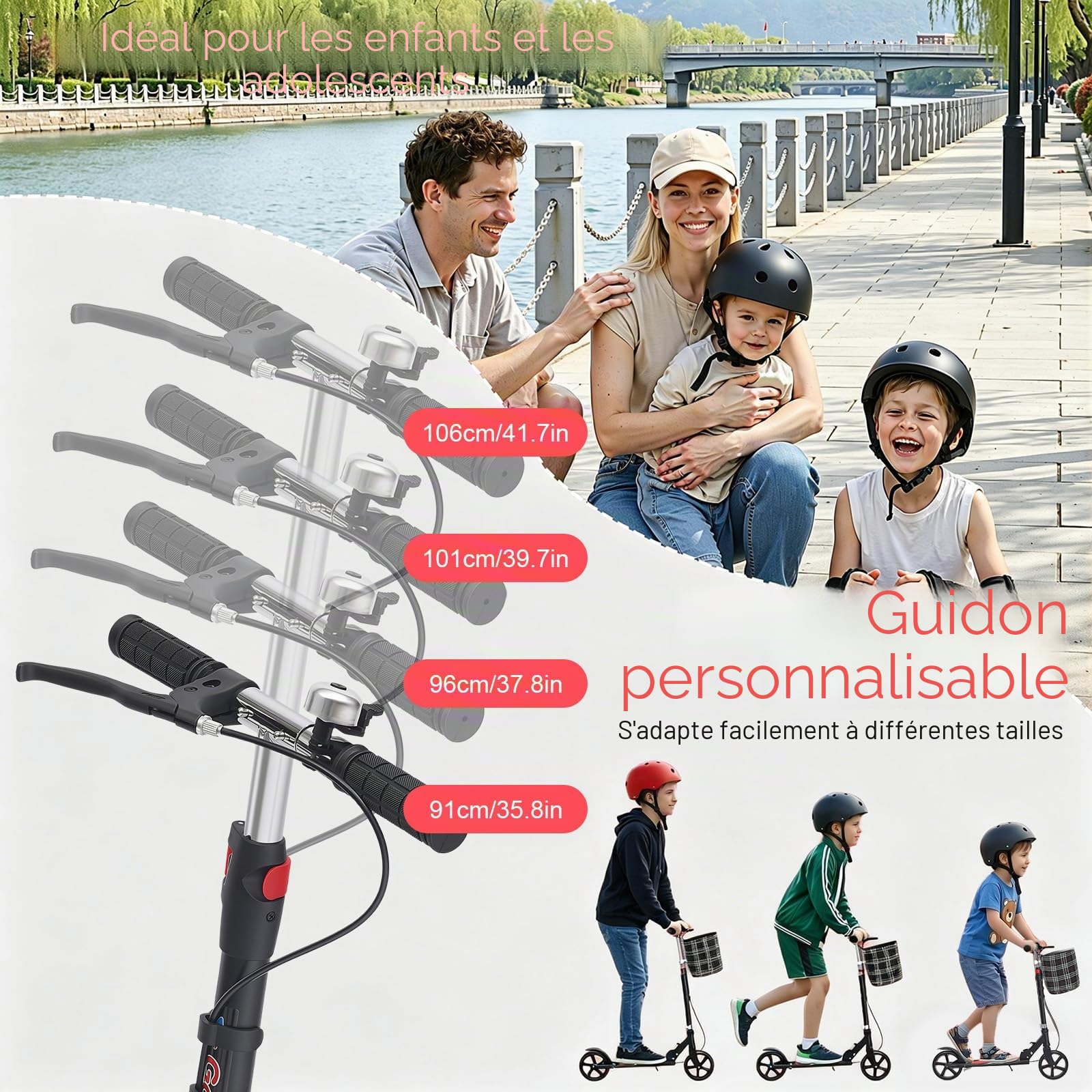 Trottinette pliable TAPMING avec frein à main et à pied, capacité de charge maximale 150 kg, avec panier, hauteur réglable, noir