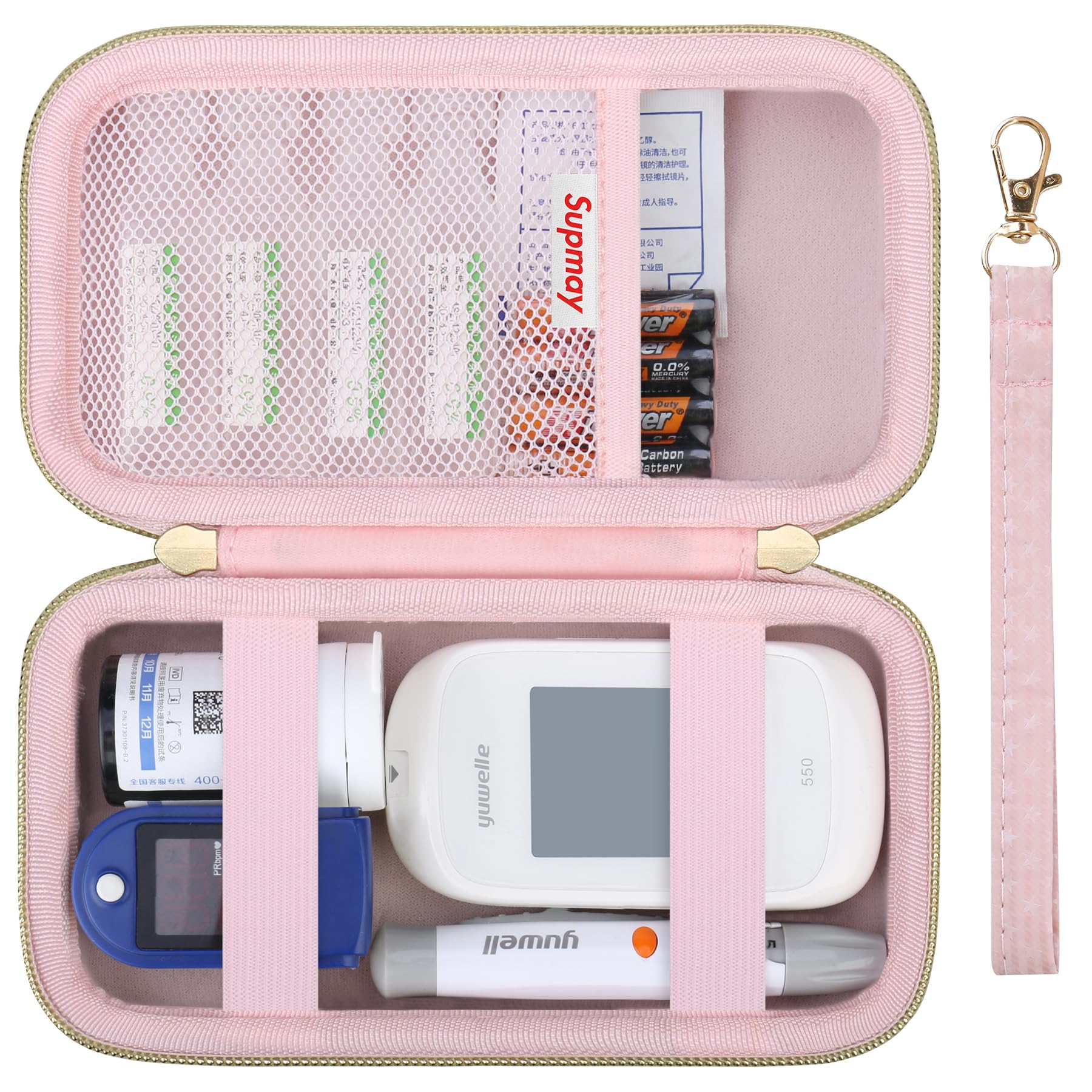 Diabetic Supplies Hard Case Diabetic Supply Organizer Bag Carrying Case for Diabetes Testing Kit Blood Glucose Monitor with Blood Sugar Glucometer Test Strips Lancing Device Lancets, Pink